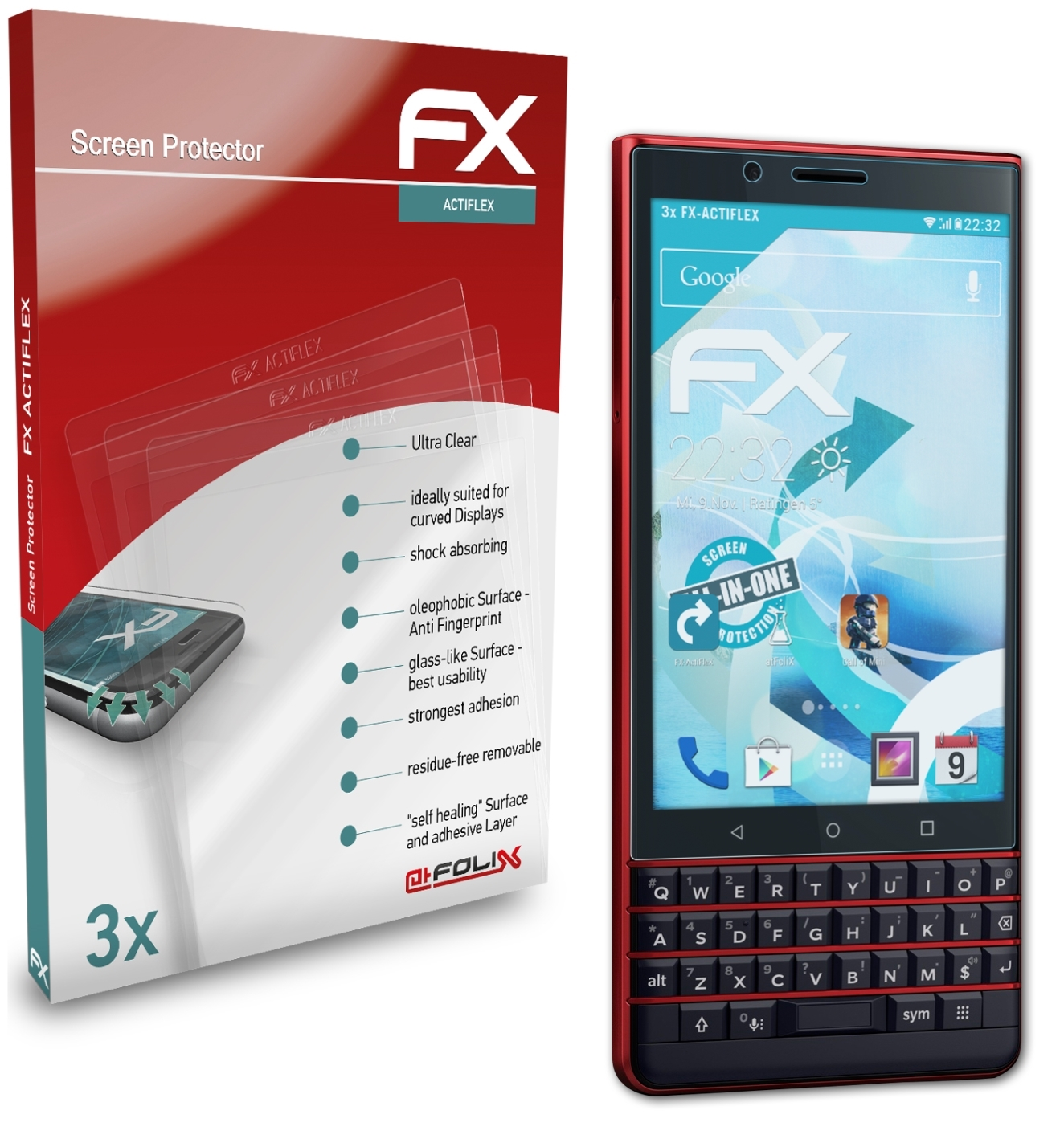 LE) Key2 3x Displayschutz(für ATFOLIX Blackberry FX-ActiFleX