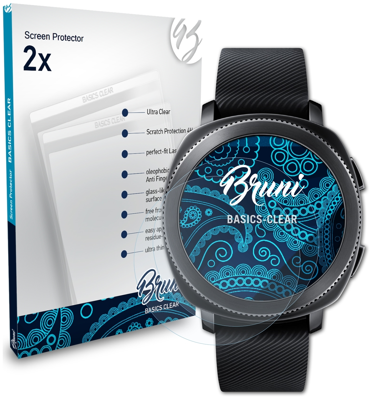 BRUNI 2x Gear Schutzfolie(für Samsung Sport) Basics-Clear
