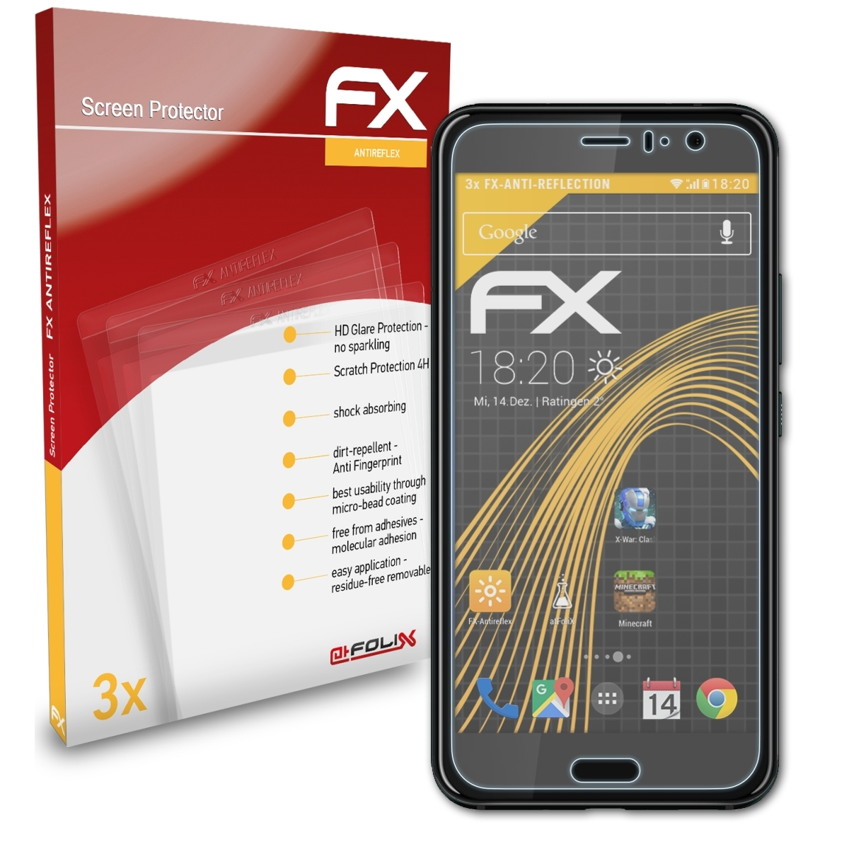 ATFOLIX FX-Antireflex 3x U11) Displayschutz(für HTC