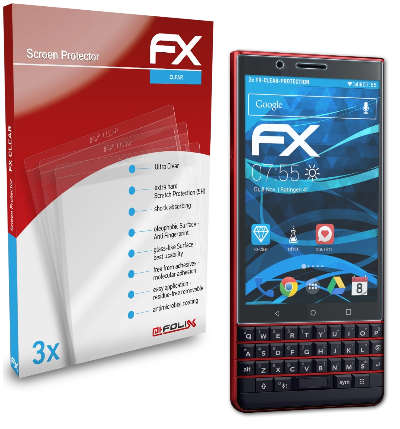 3x Key2 LE) Displayschutz(für Blackberry FX-Clear ATFOLIX