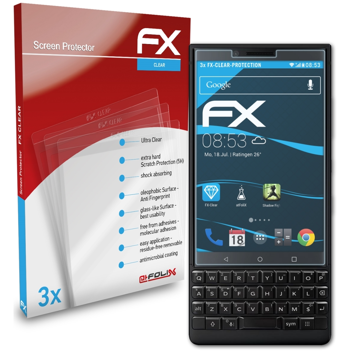 ATFOLIX Blackberry Displayschutz(für FX-Clear Key2) 3x