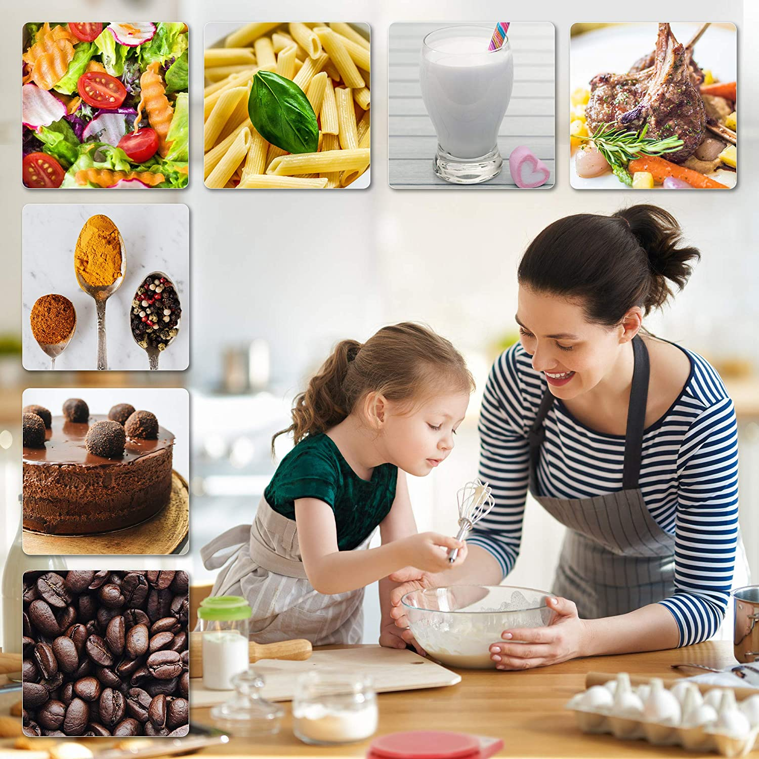Eine Collage von Essensbildern und eine Frau und ein Kind beim Kochen.