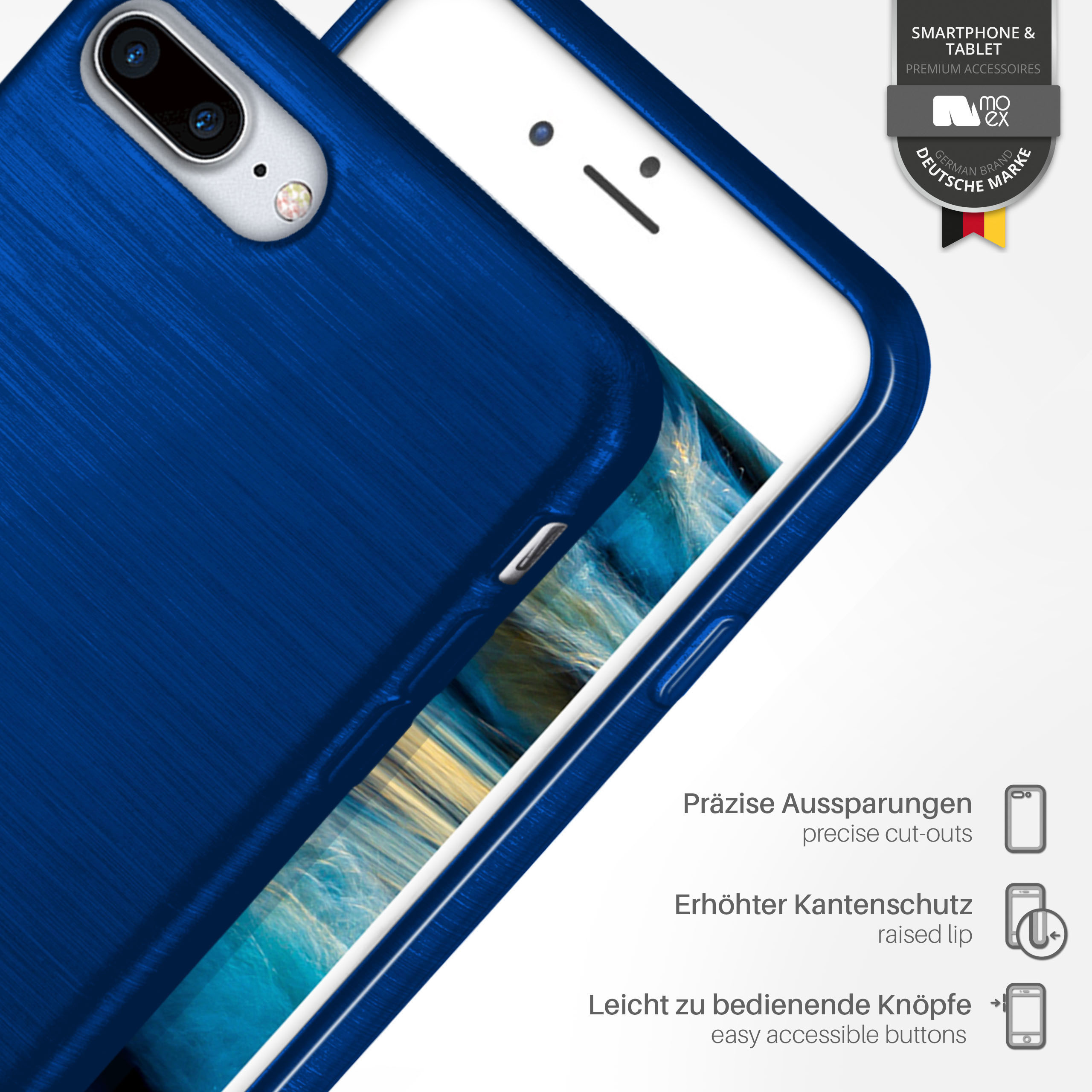 Blaue Handyhülle mit weißem Rand. Oben rechts ein deutsches Zeichen.