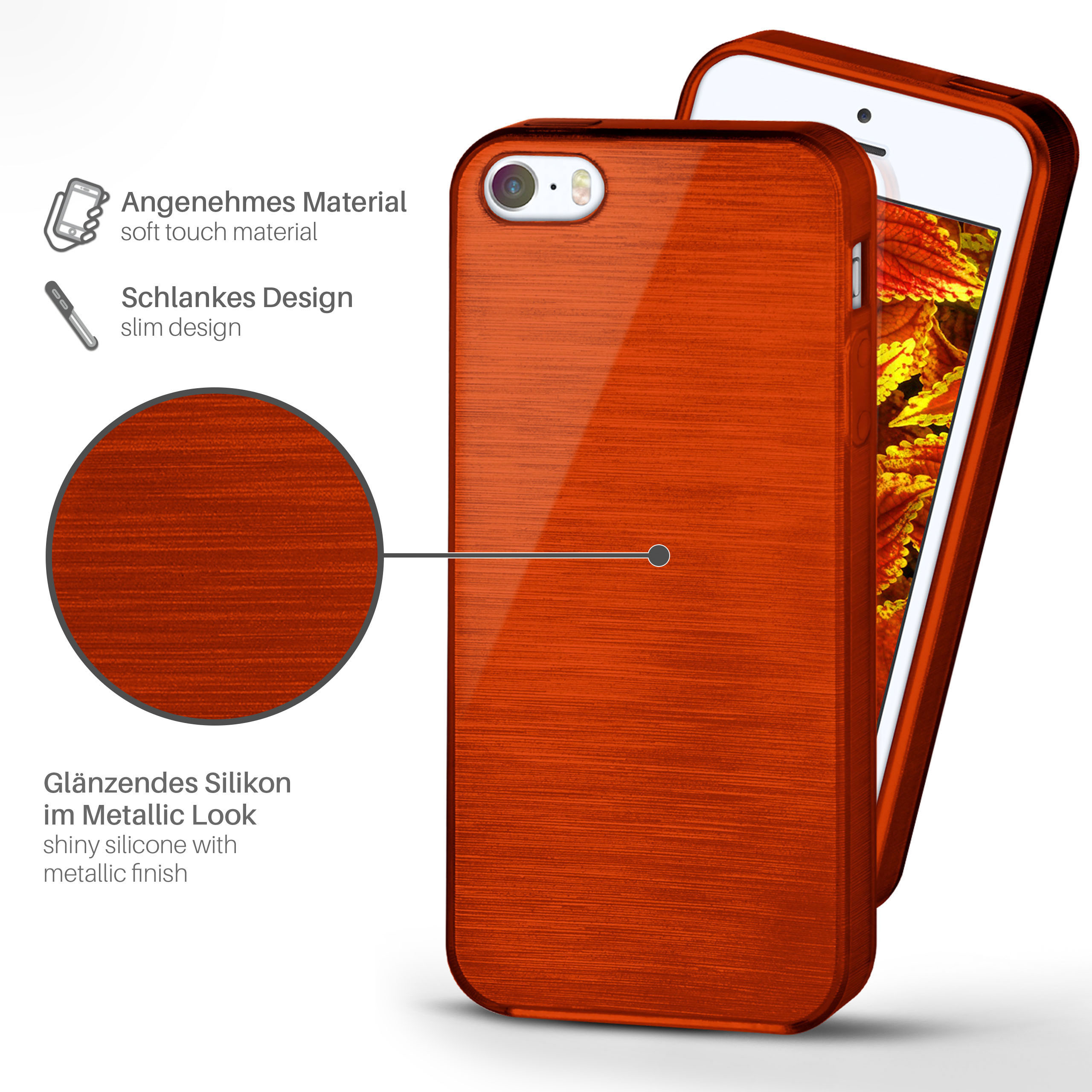 Eine Handyhülle mit Metallic-Finish und ein Telefon darin. Der Hintergrund ist weiß mit Anmerkungen.
