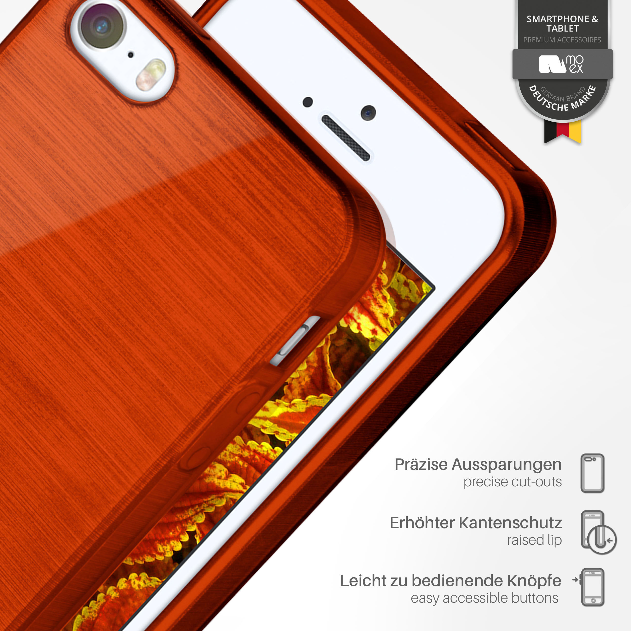Eine orangefarbene Handyhülle auf einem weißen Telefon, mit deutschem Text und Symbolen.