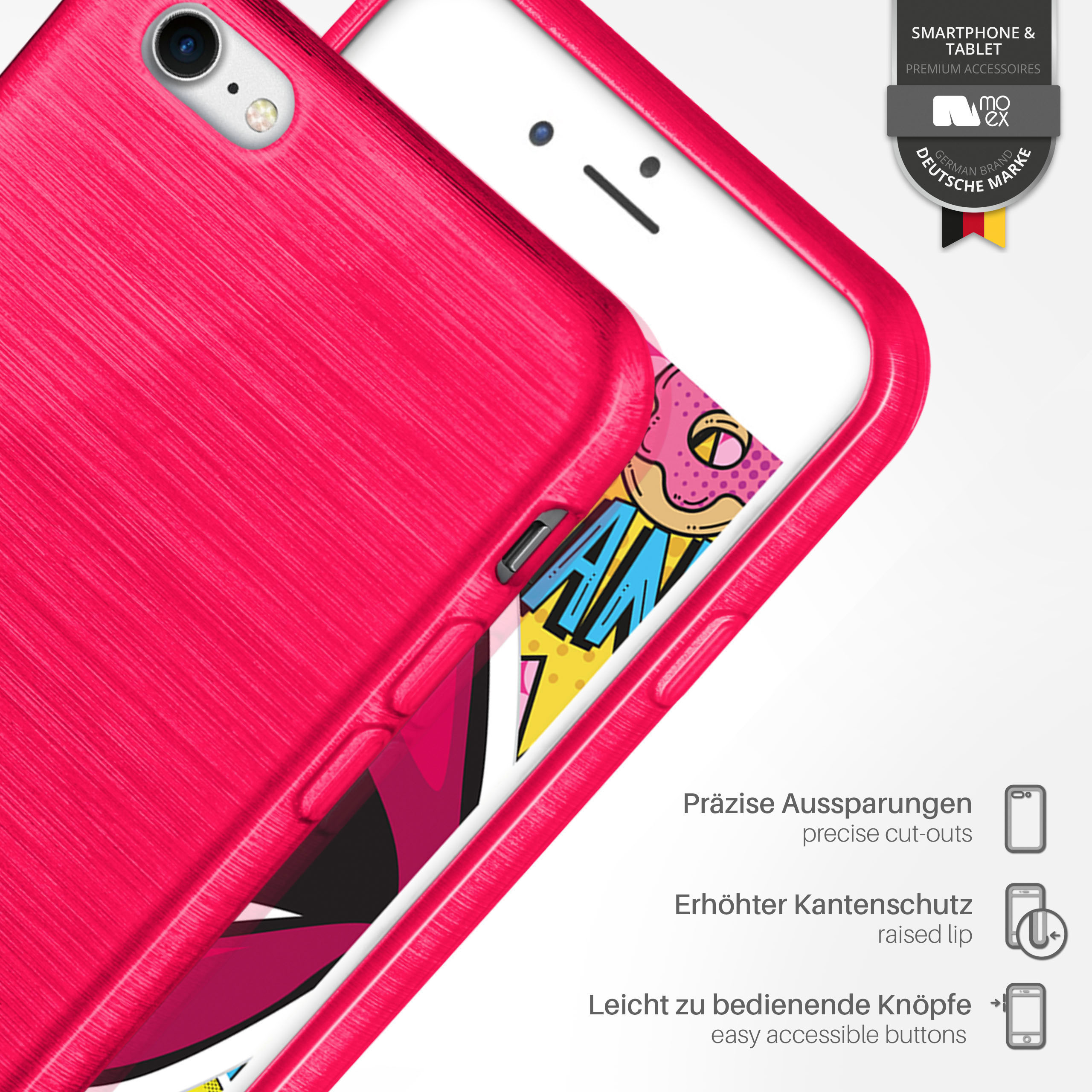 Eine pinke Handyhülle mit einem Telefon darin. Textlabels und Icons sind sichtbar.