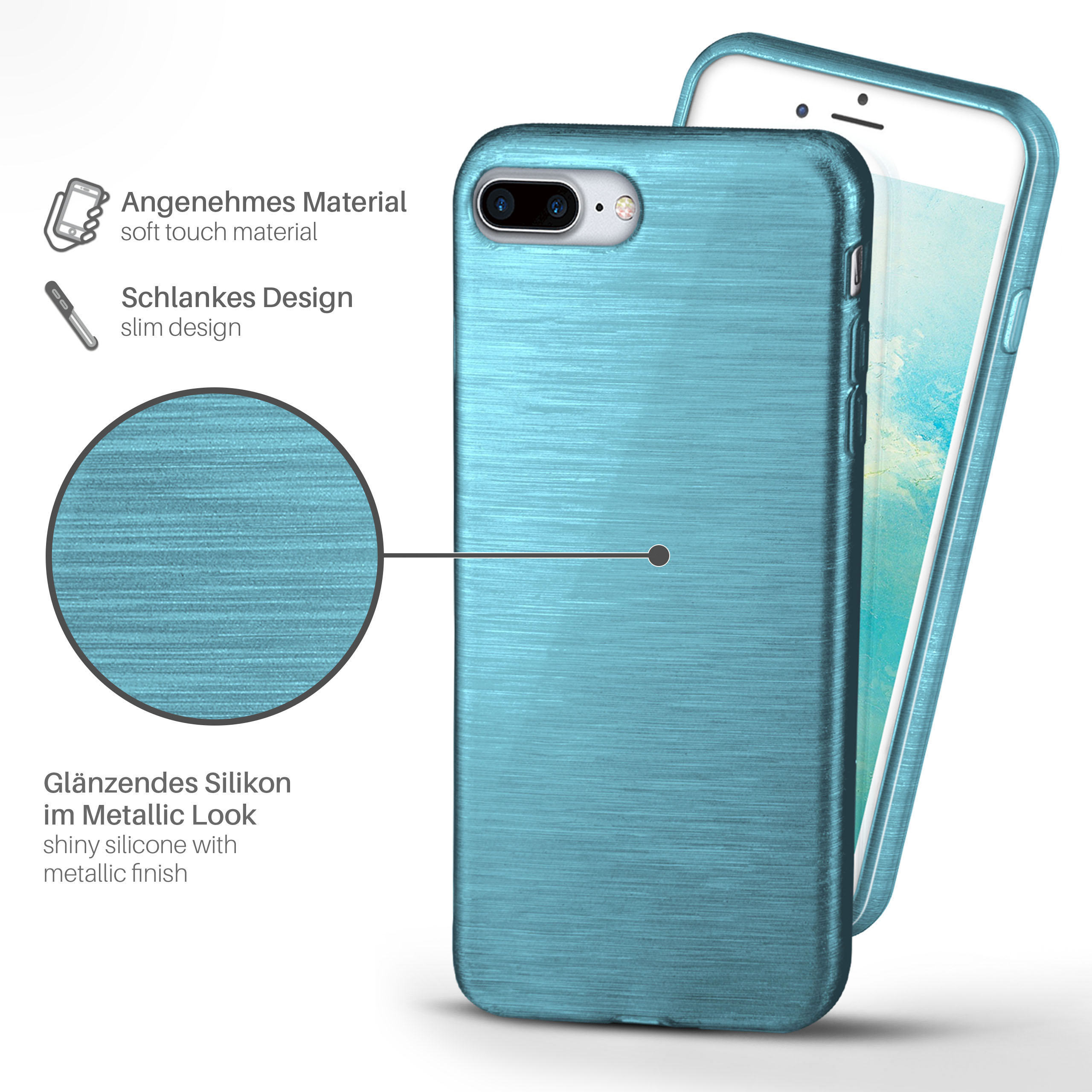 Eine türkisfarbene Handyhülle mit Metallic-Finish und ein Telefon sind sichtbar.