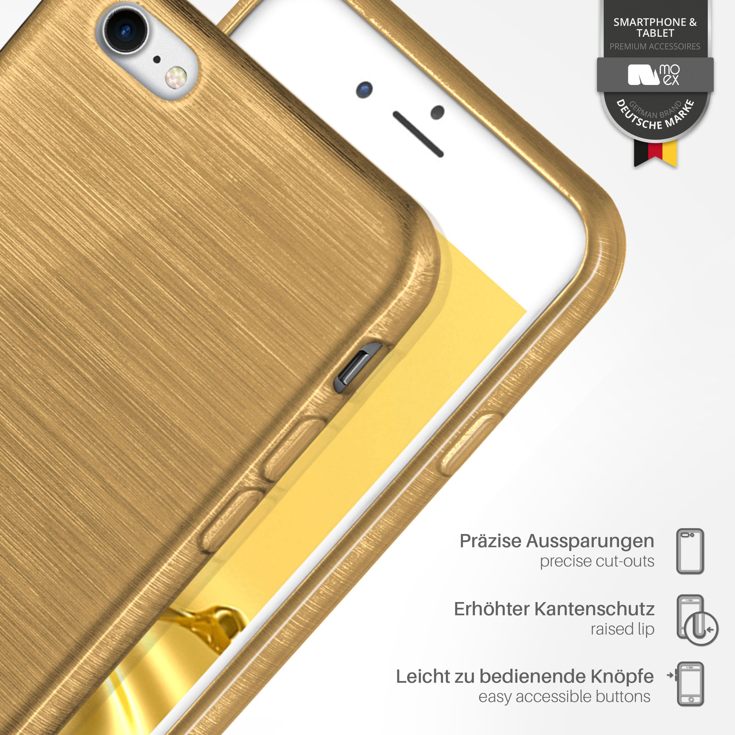 Eine goldene Handyhülle auf einem weißen Handy, mit weißem Hintergrund und Text.