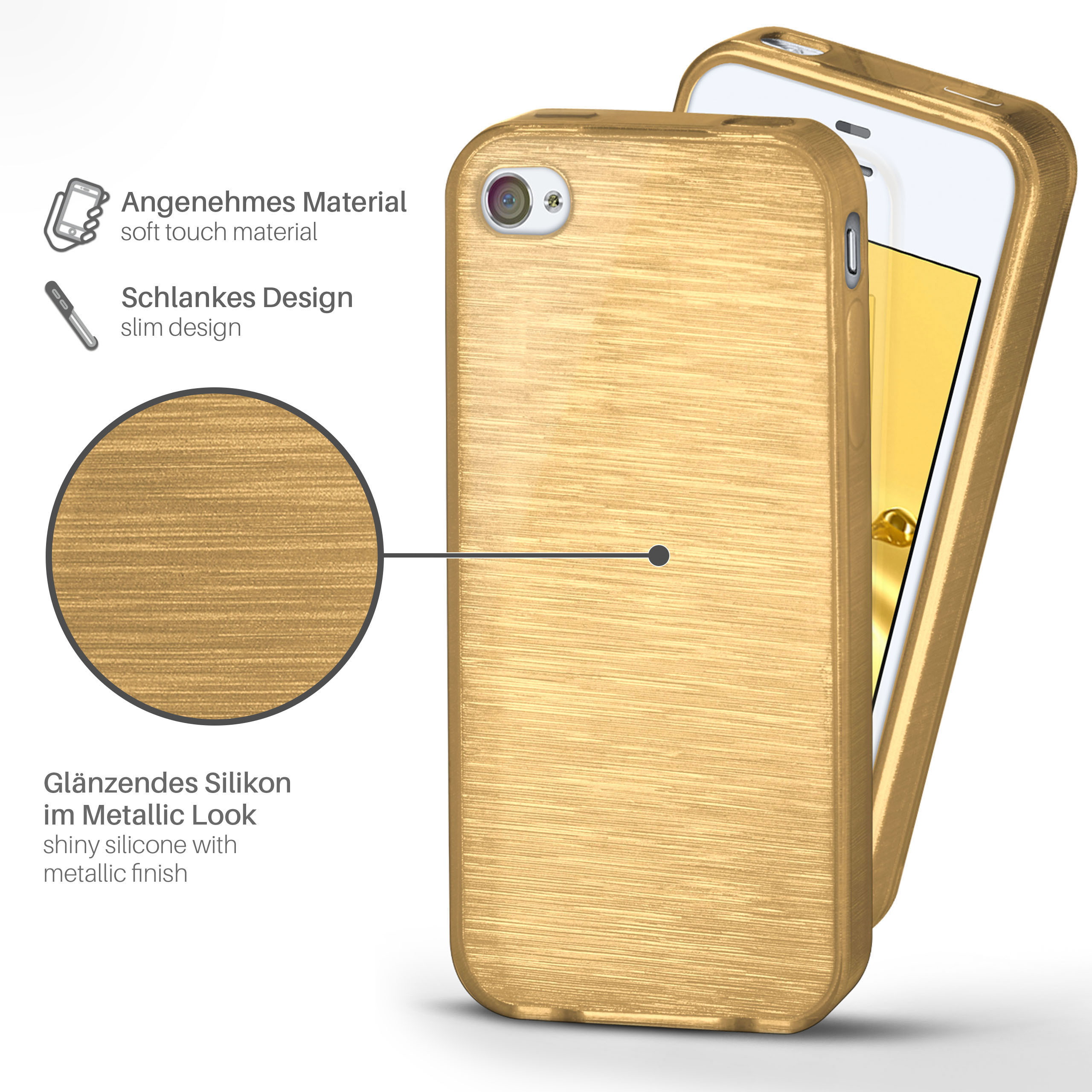 Goldene Handyhülle auf weißem Hintergrund, mit Anmerkungen zu Material und Design.