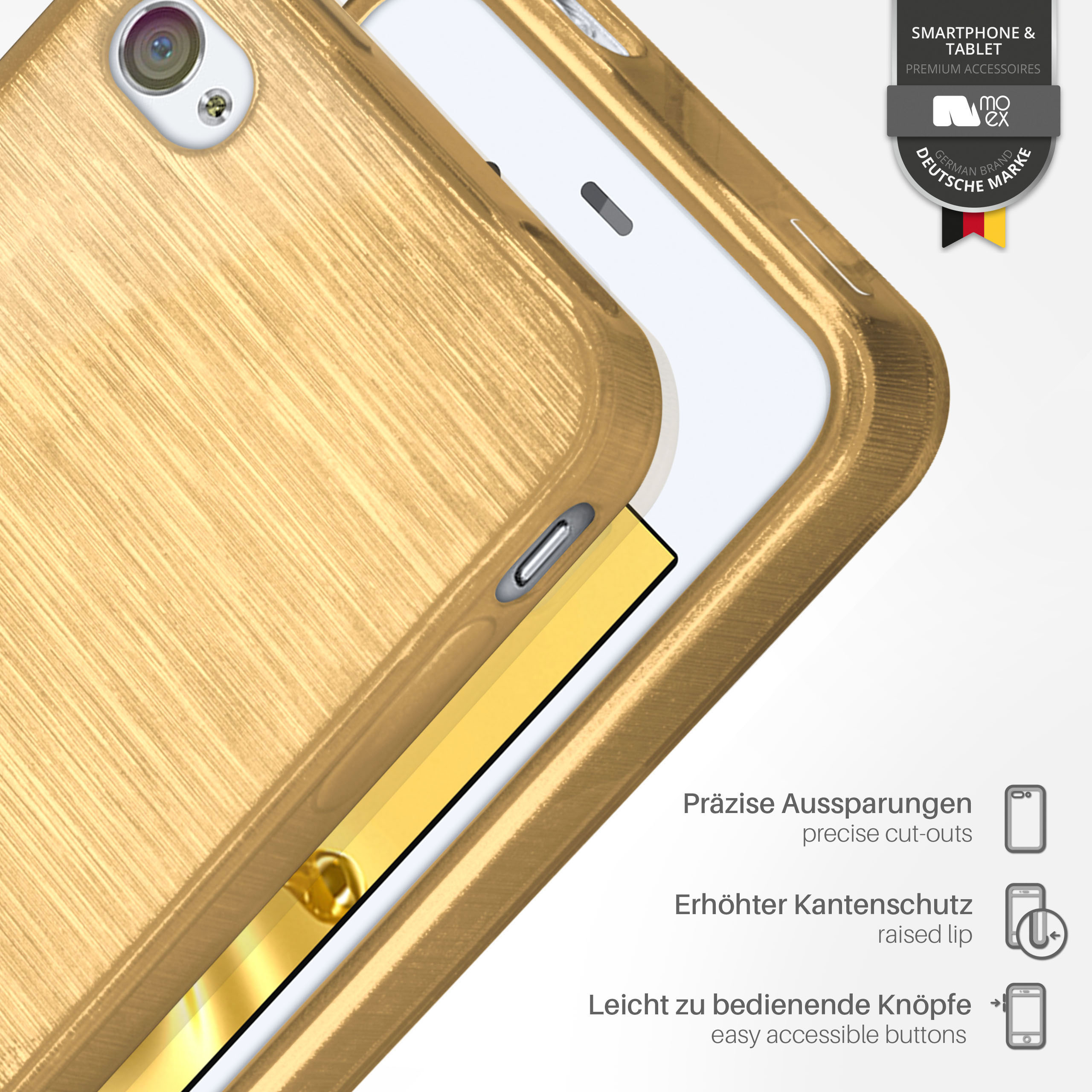 Eine goldene Handyhülle auf einem weißen Telefon, mit deutschem Text und Symbolen.