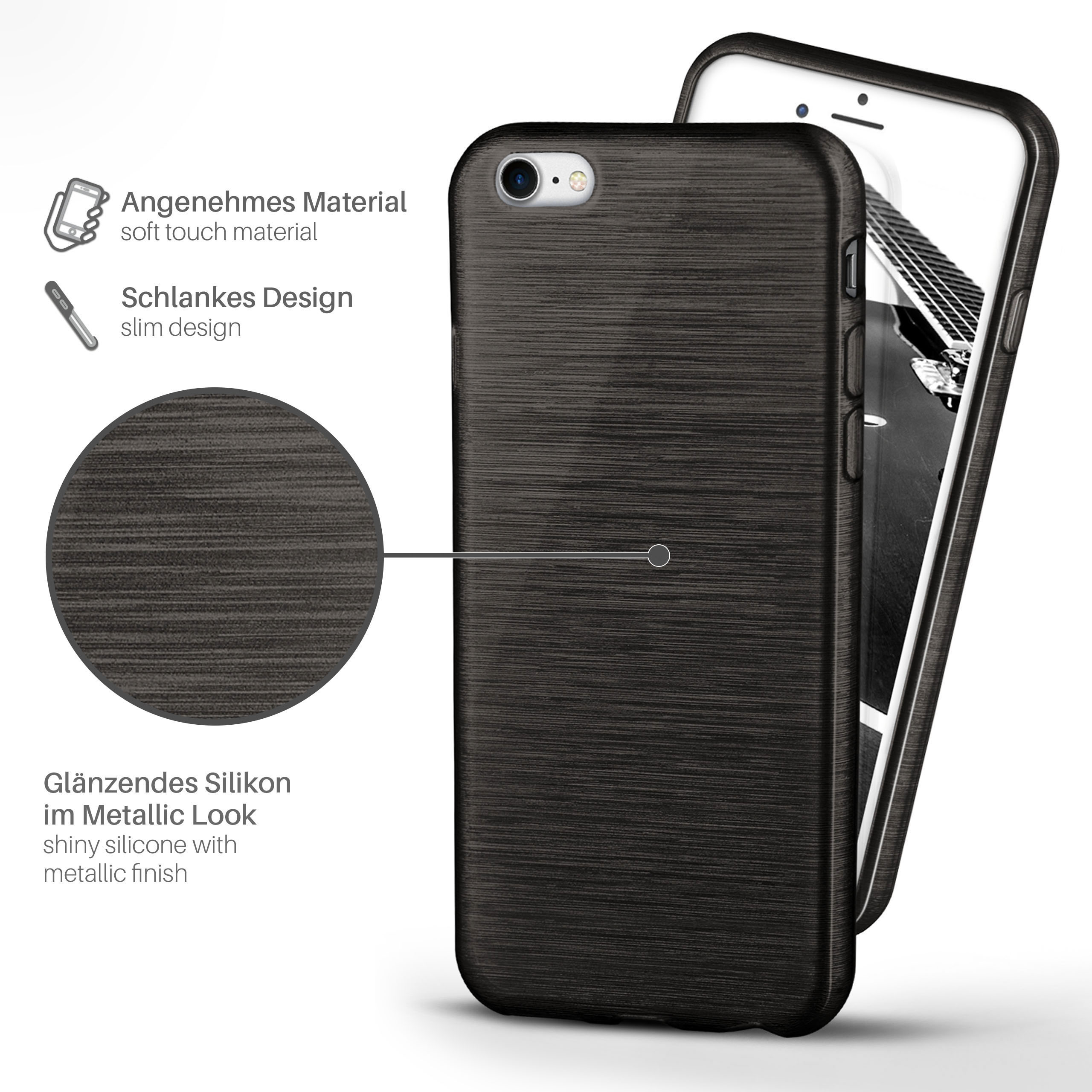 Schwarze Handyhülle mit Holzmaserung auf weißem Untergrund, mit einem Telefon.