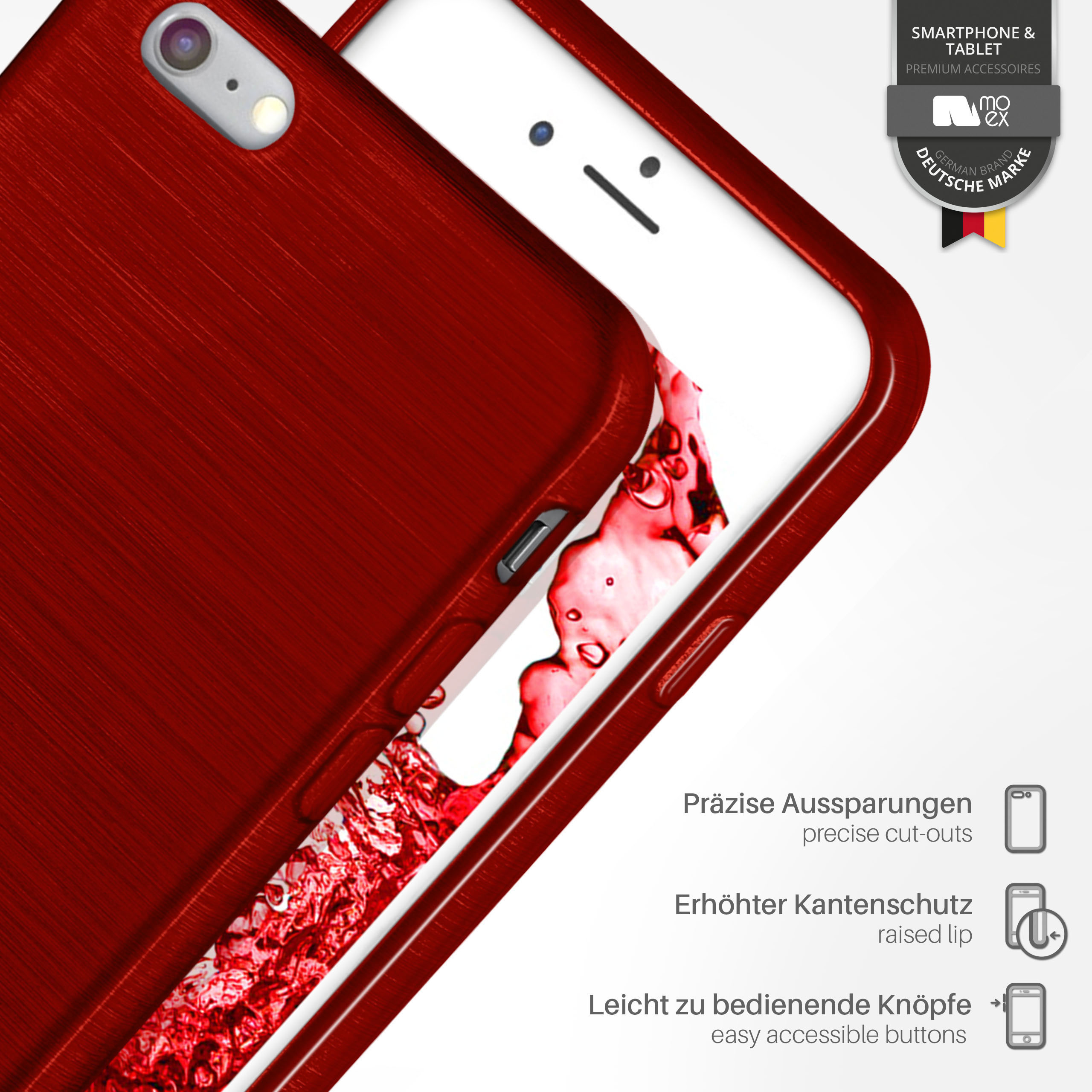 Eine rote Handyhülle mit gebürsteter Metallstruktur und einem weißen Telefon. Die Hülle ist teilweise geöffnet.