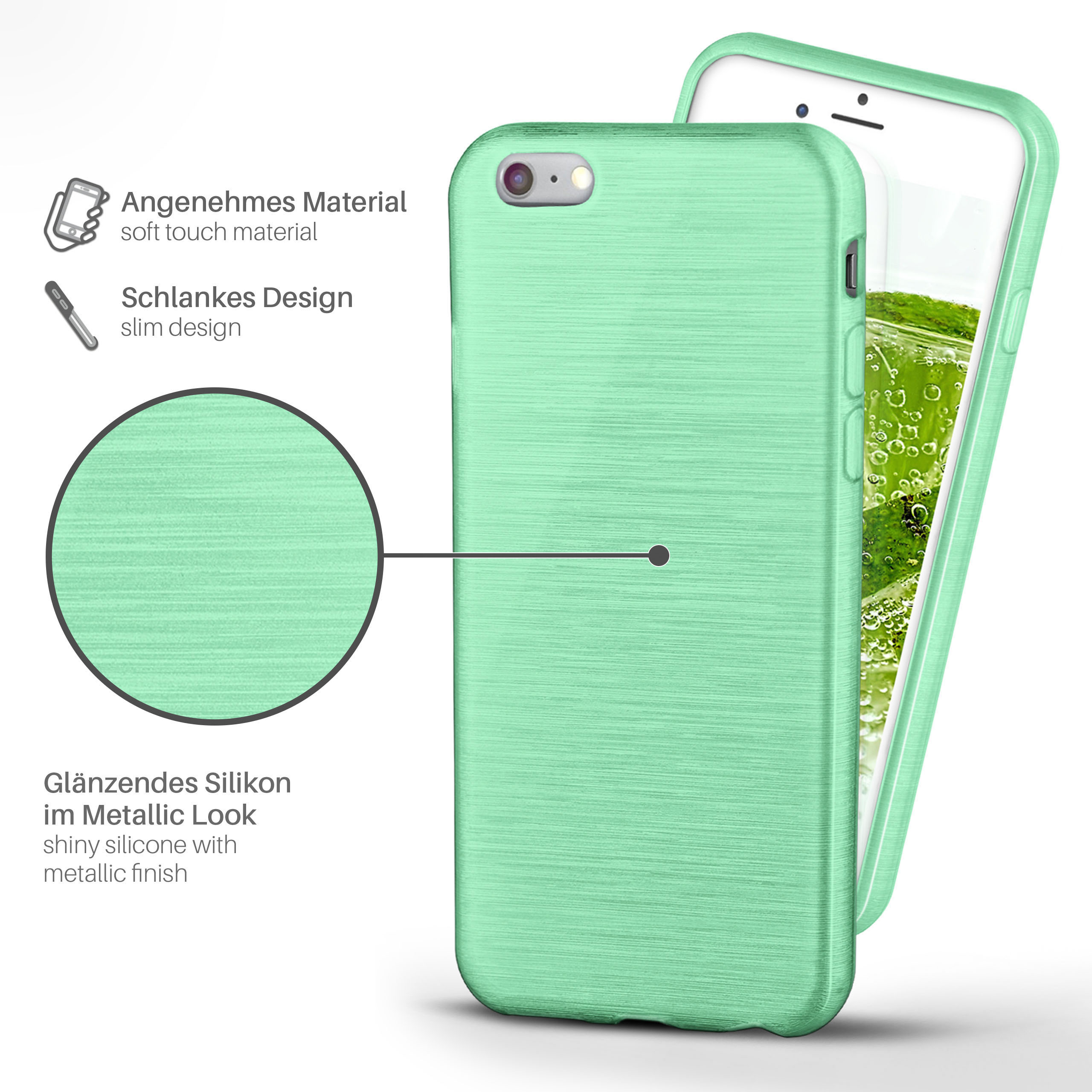 Eine mintgrüne Handyhülle mit Metallic-Look auf einem Telefon. Text beschreibt die Eigenschaften.