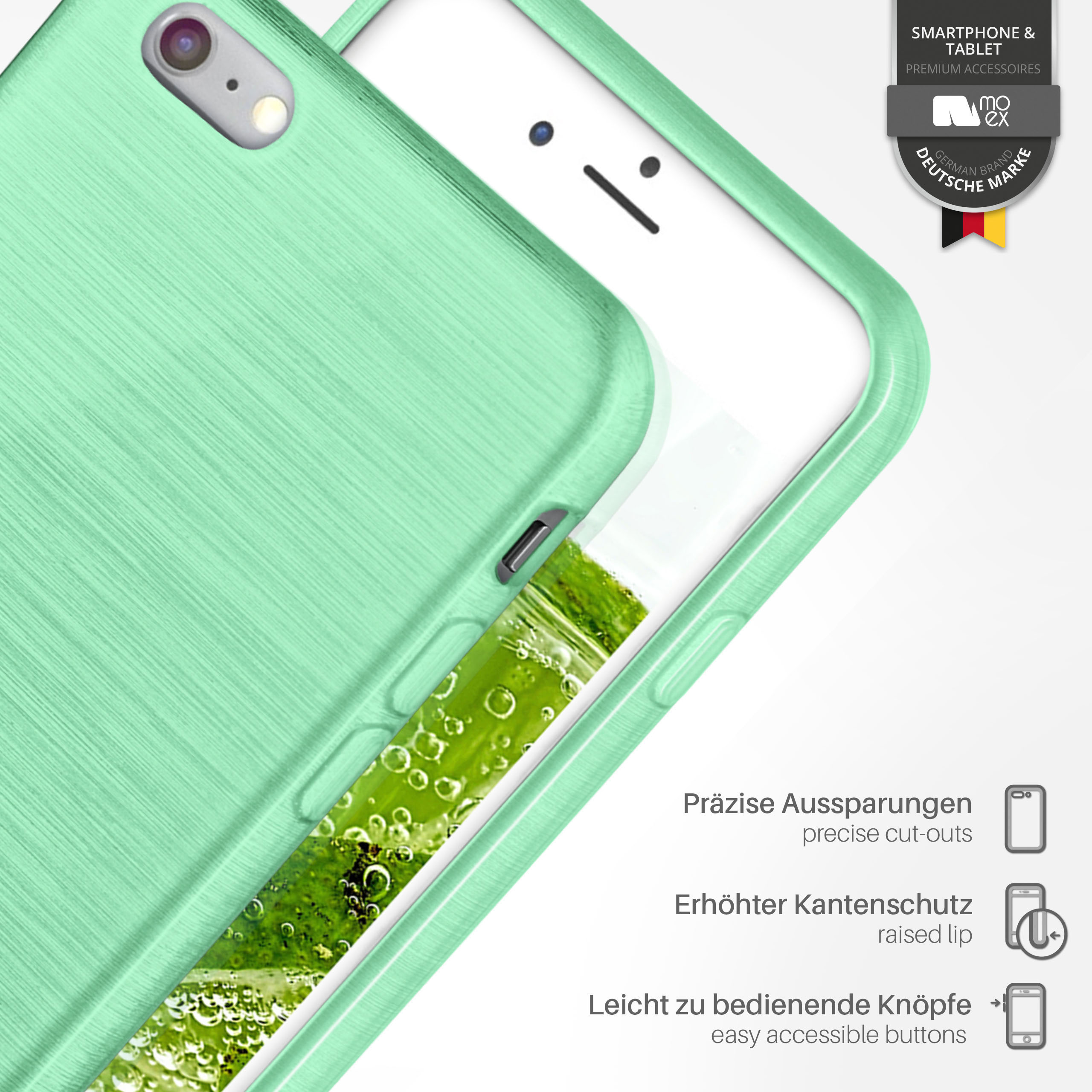 Minzgrüne Handyhülle mit weißem Telefon. Ausschnitte und erhöhter Rand sind sichtbar. Der Hintergrund ist verschwommen.