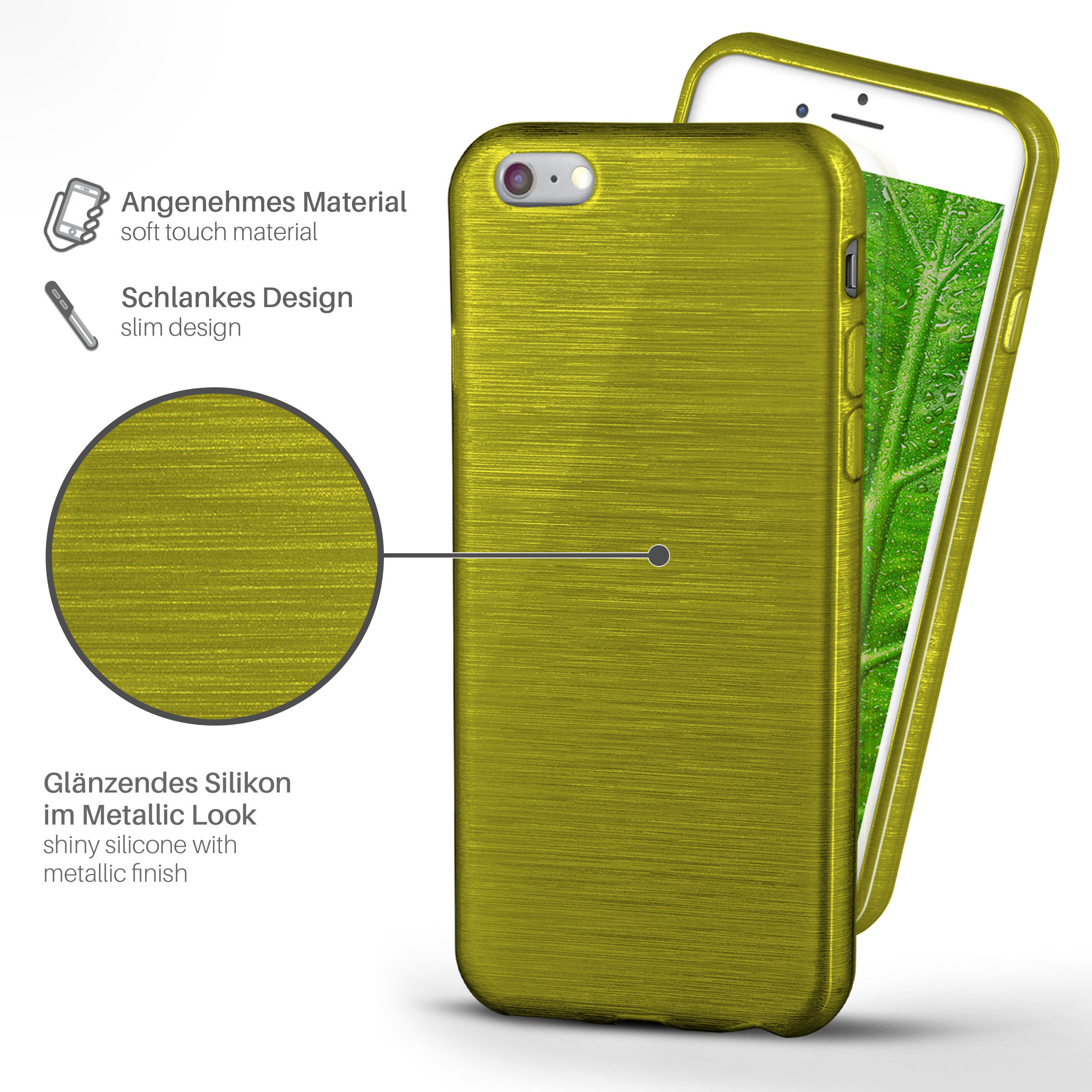 Goldenes Handycase auf weißem Telefon. Kreis-Zoom auf Materialstruktur. Text: Glänzendes Silikon mit Metallic-Look.