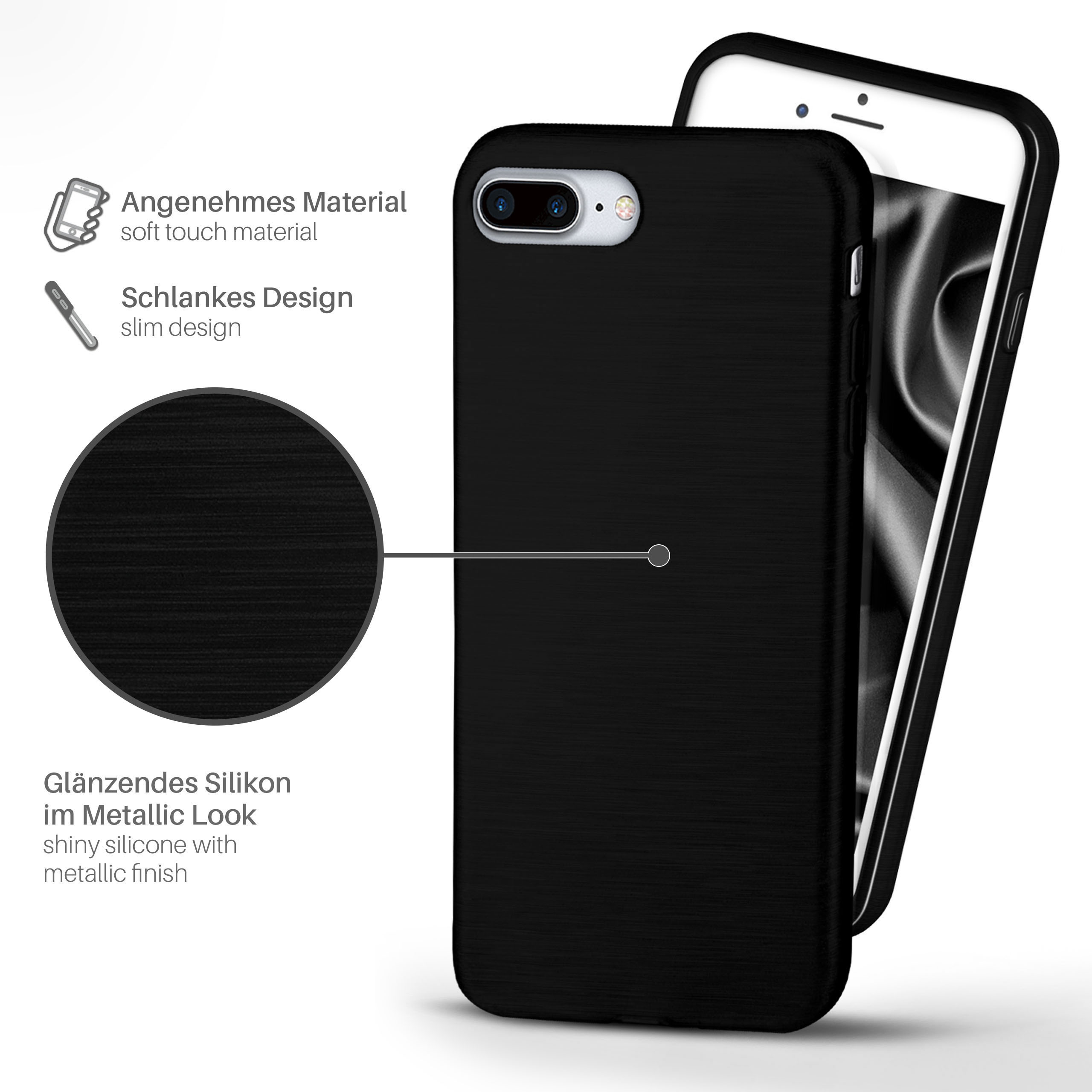 Schwarze Handyhülle, Telefon darin. Glänzendes Silikon mit Metallic-Finish.