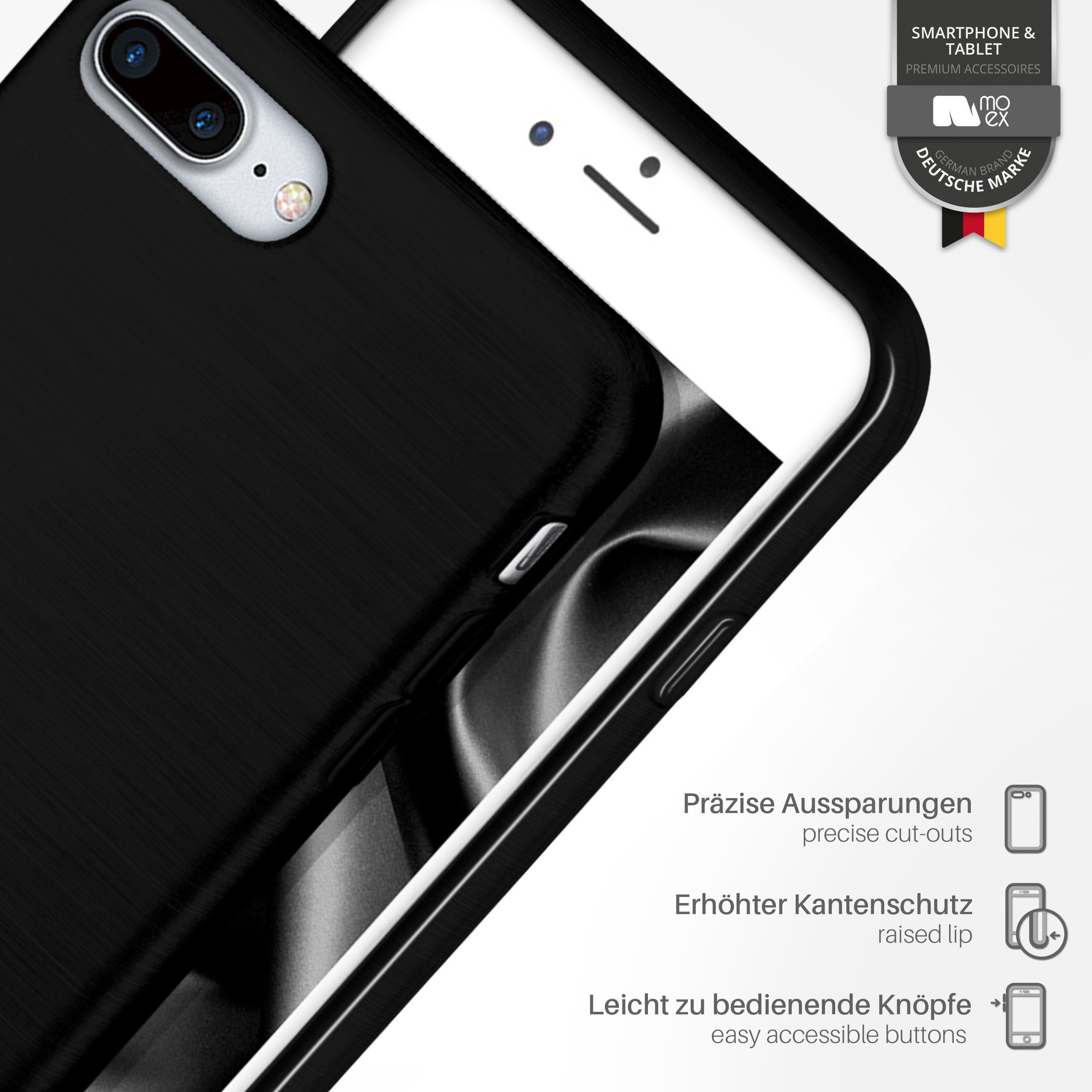 Schwarze Handyhülle mit Aussparungen, erhöhtem Rand und leicht zugänglichen Tasten. Text.