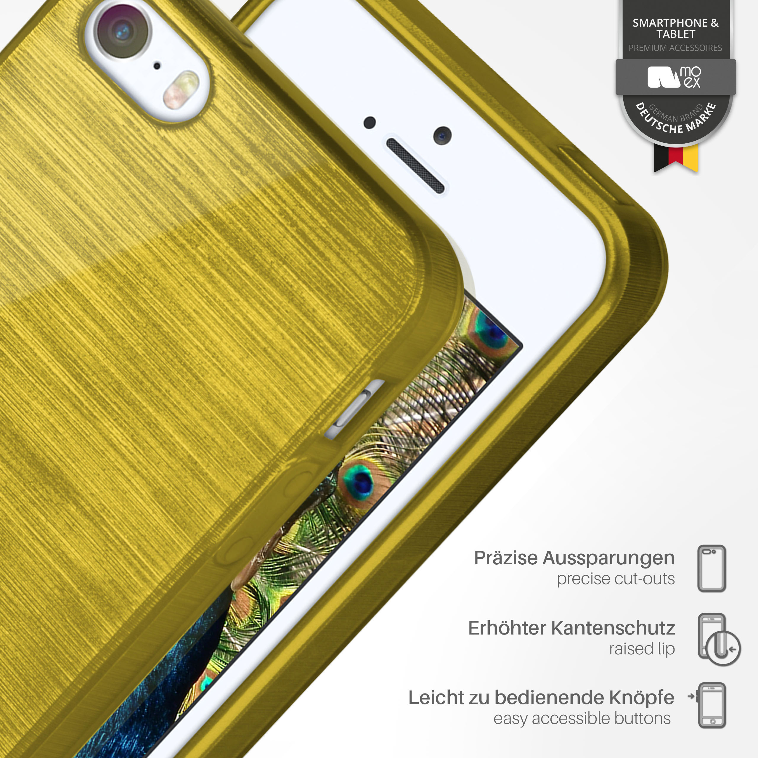 Goldene Handyhülle mit Telefon. Text über Aussparungen, erhöhten Rand und zugängliche Knöpfe.