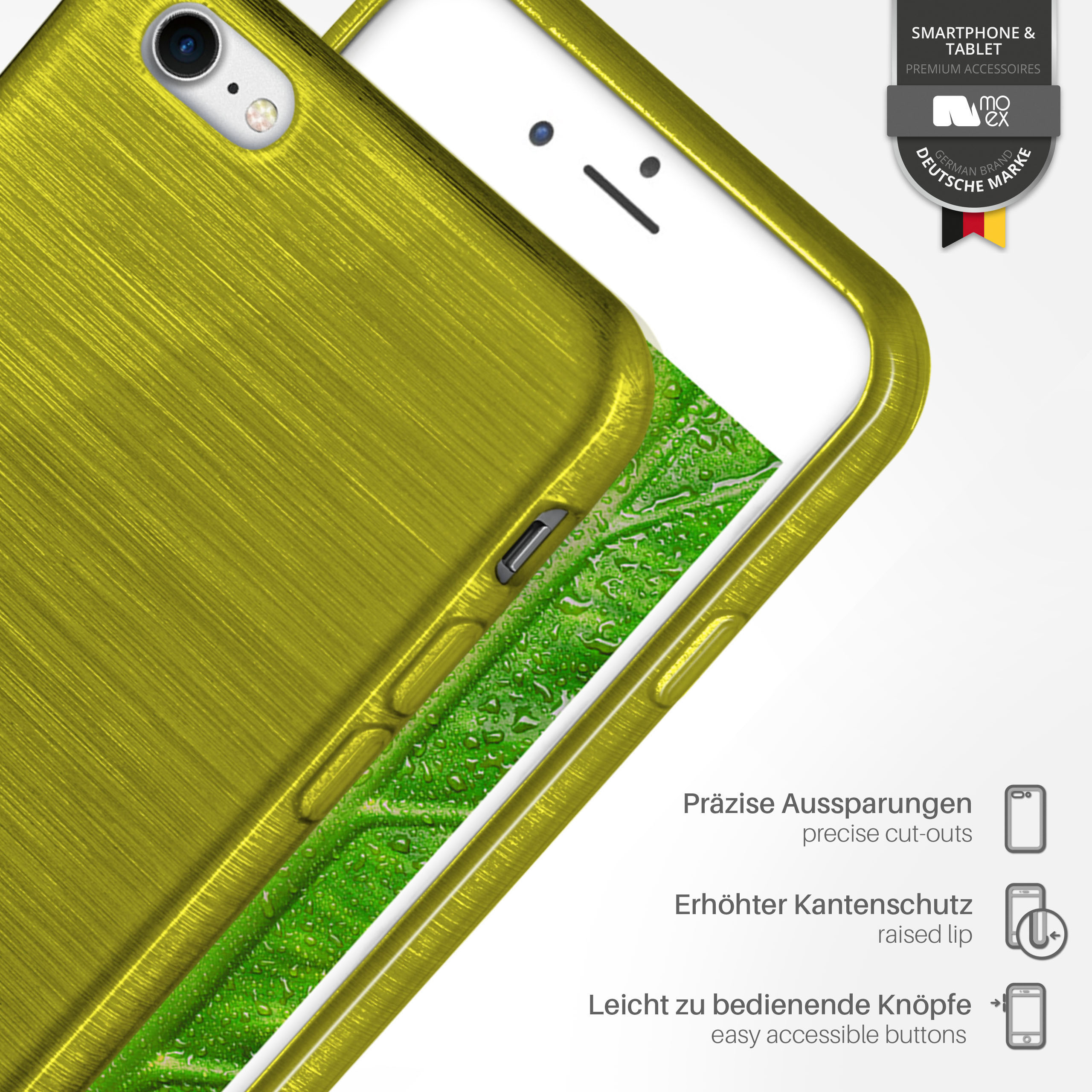 Nahaufnahme einer goldenen Handyhülle über einem weißen Telefon. Text und Symbole zeigen Funktionen.