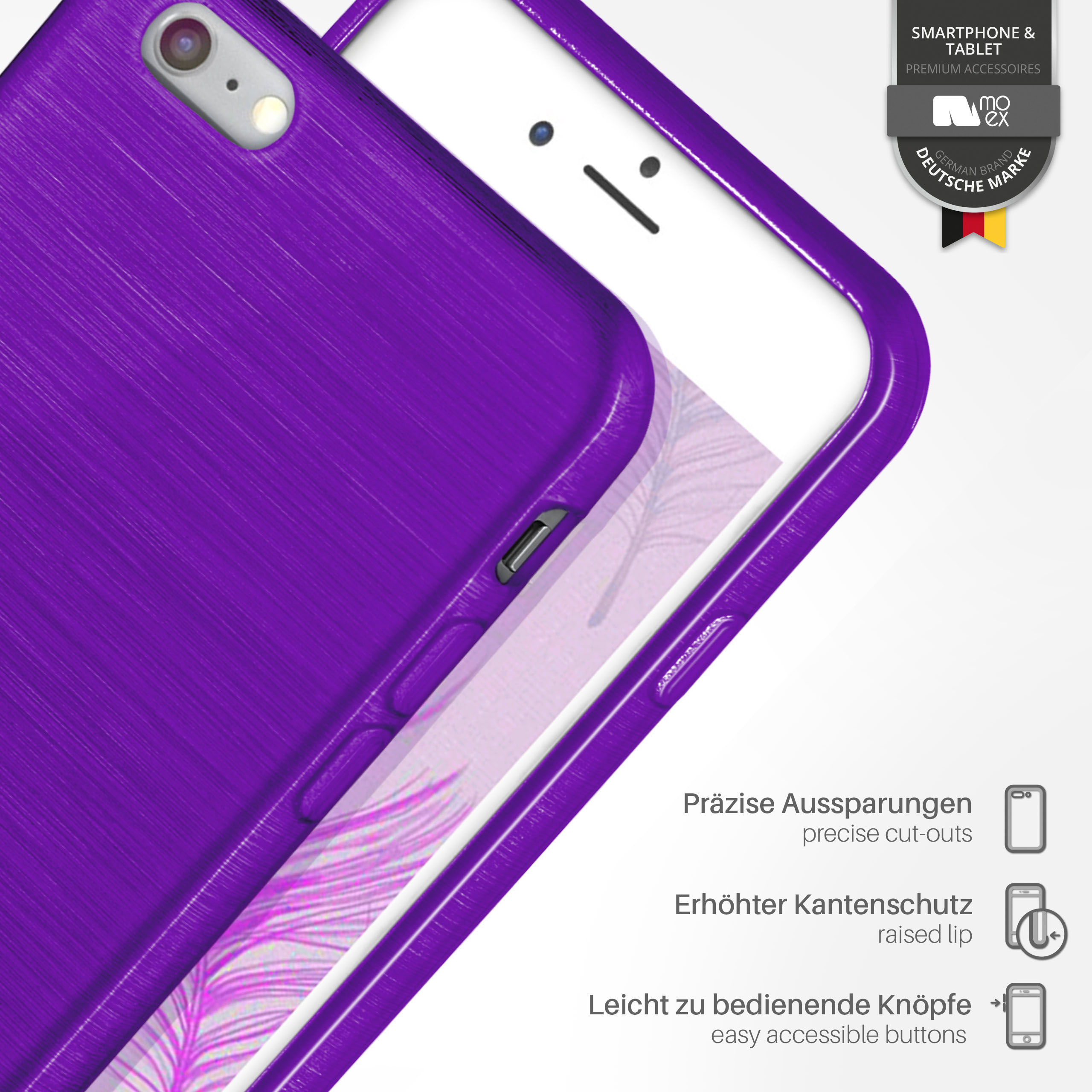 Ein lila Handyhülle mit einem weißen Telefon darin. Die Hülle hat eine gebürstete Metallstruktur.