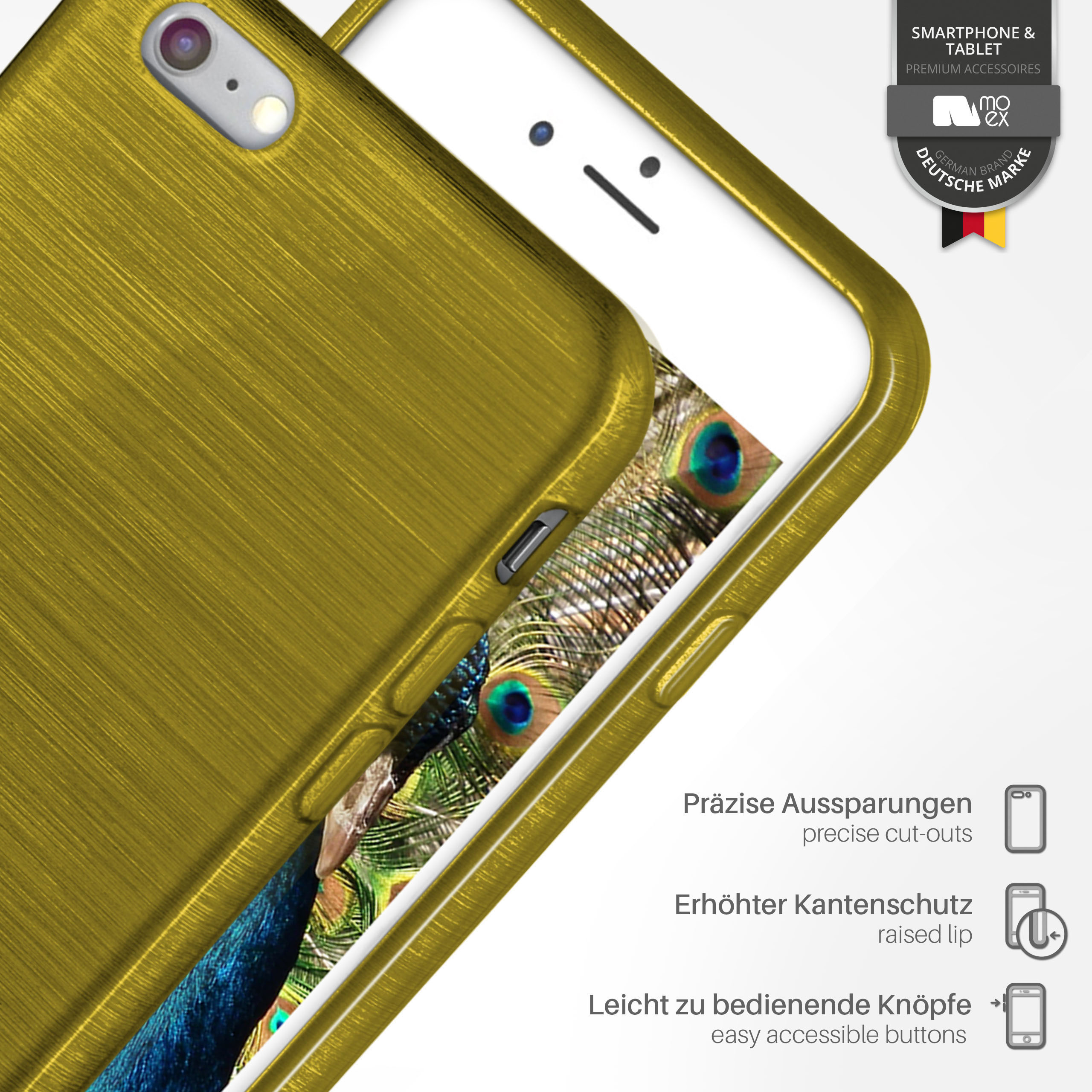 Goldene Handyhülle mit Pfauenfeder. Telefon zeigt Bild. Text: Smartphone & Tablet.