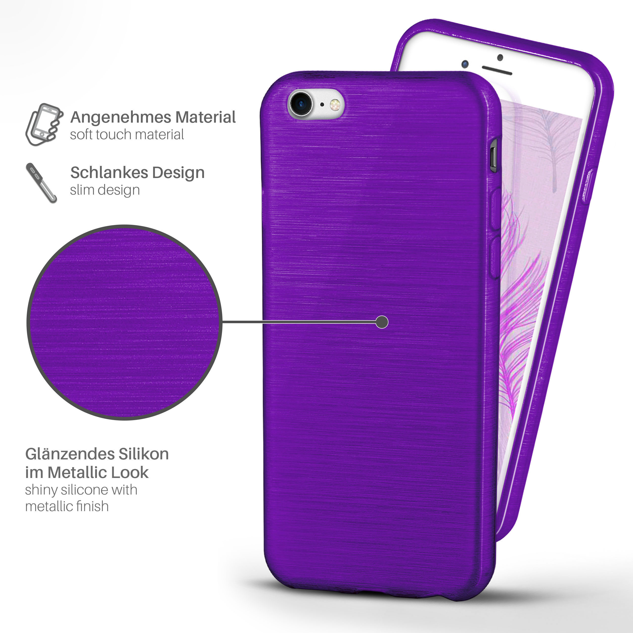 Lila Handyhülle mit weißem Telefon. Die Hülle hat einen gebürsteten Metallic-Look. Der Hintergrund ist unscharf.