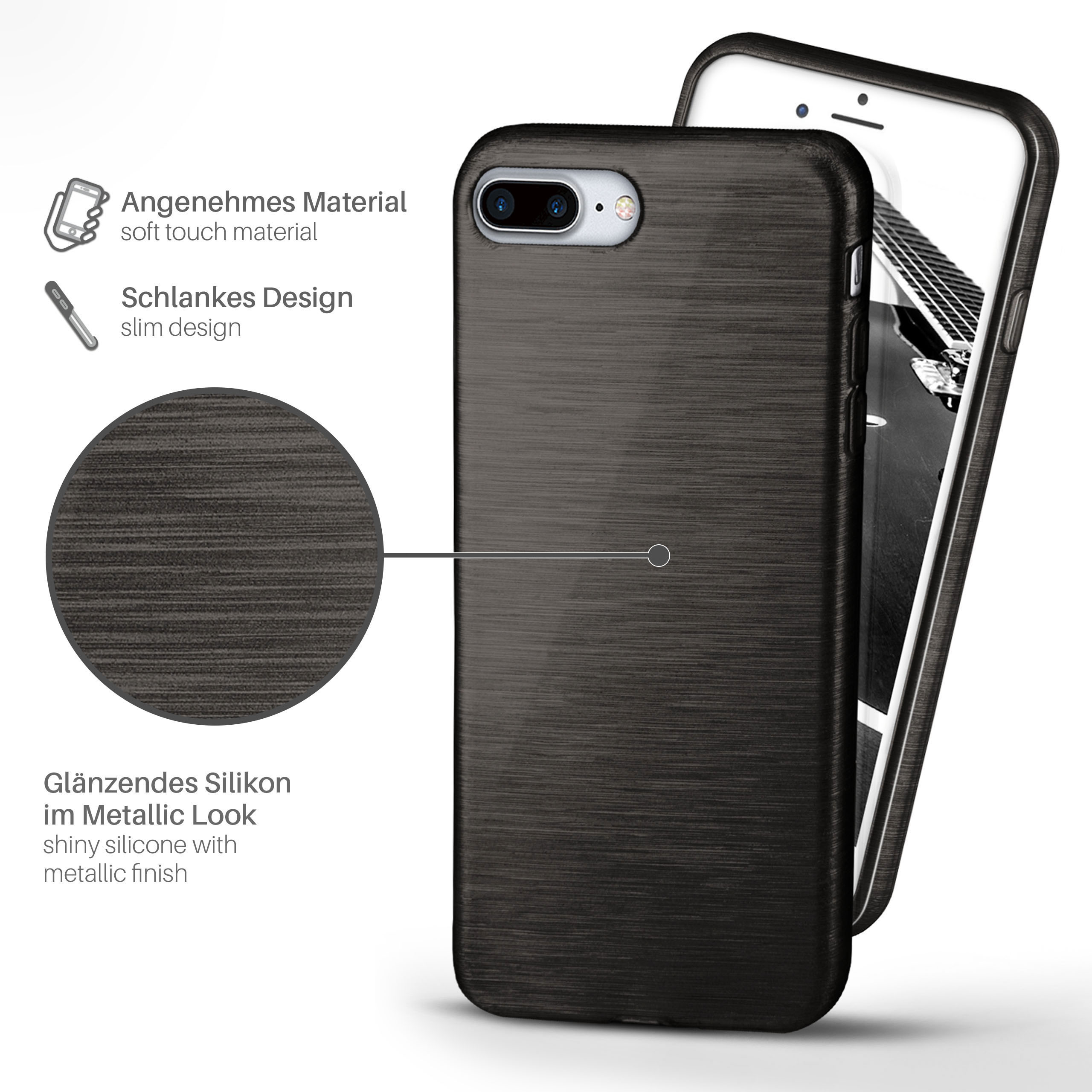Ein Telefon in einer schwarzen Hülle mit Metallic-Finish, mit Text. Das Telefon ist gezeigt.