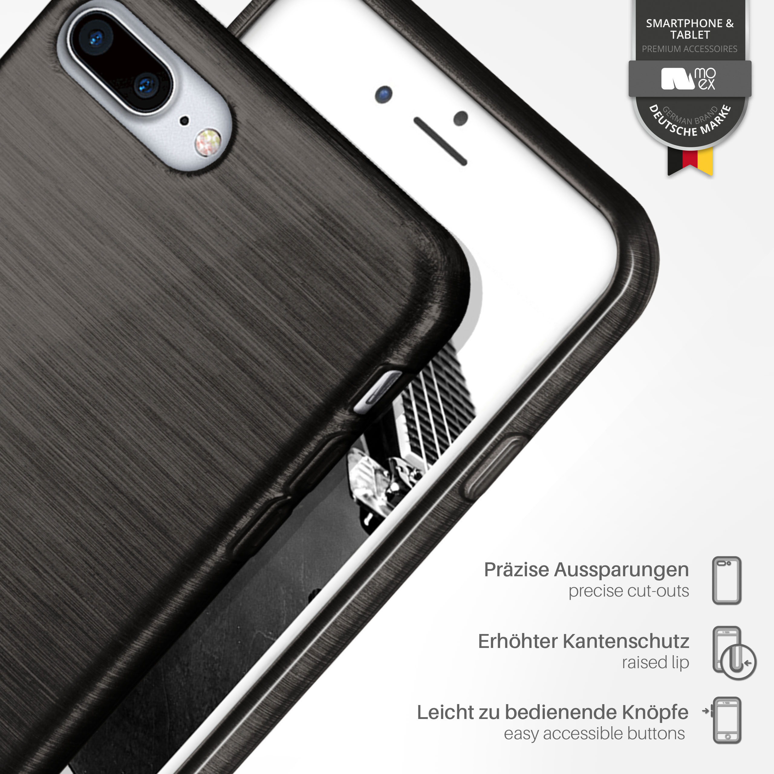 Nahaufnahme einer schwarzen Handyhülle auf einem Telefon. Die Hülle hat eine gebürstete Metallstruktur.