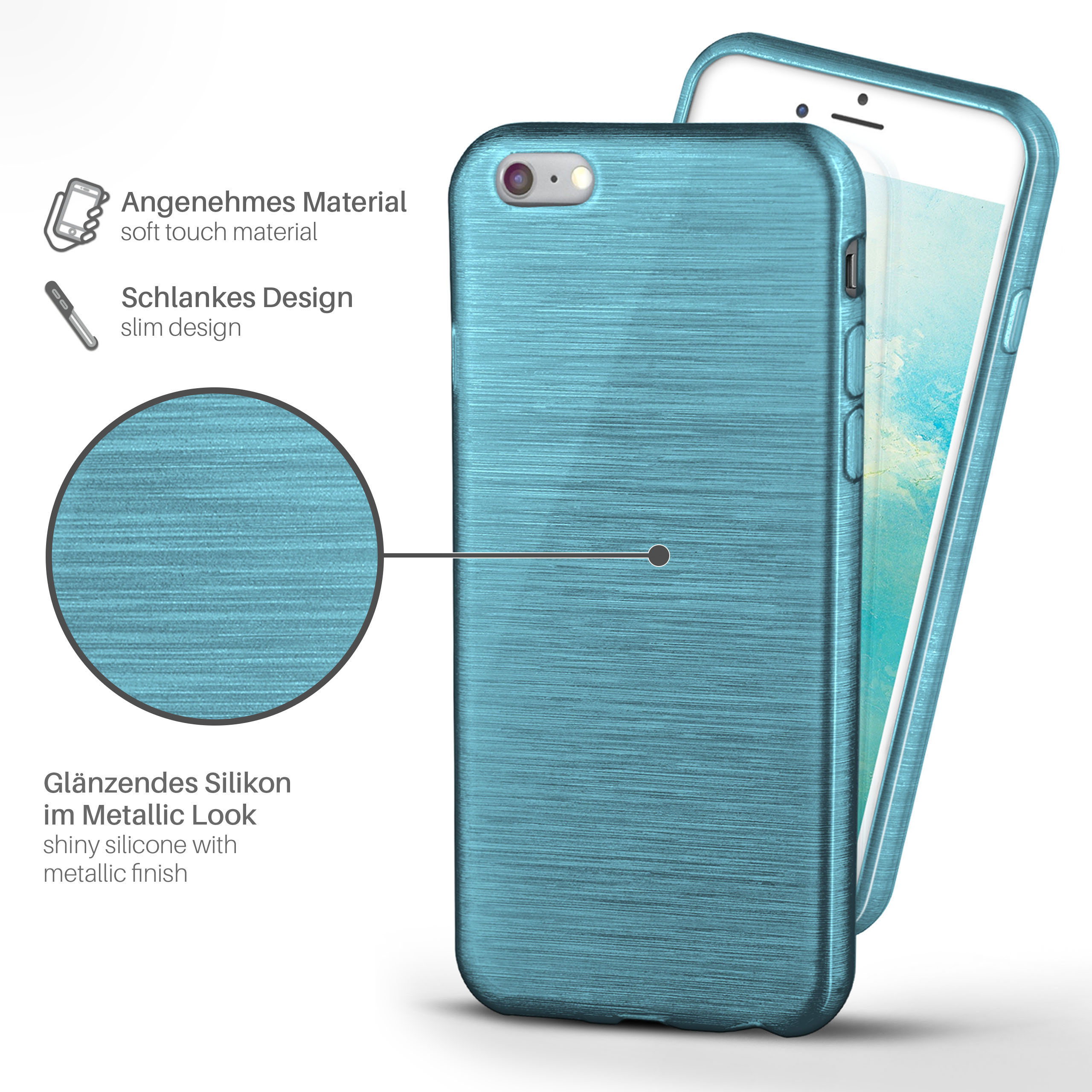 Türkisfarbene Handyhülle mit Metallic-Finish, neben einem weißen Handy. Details des Soft-Touch-Materials werden gezeigt.
