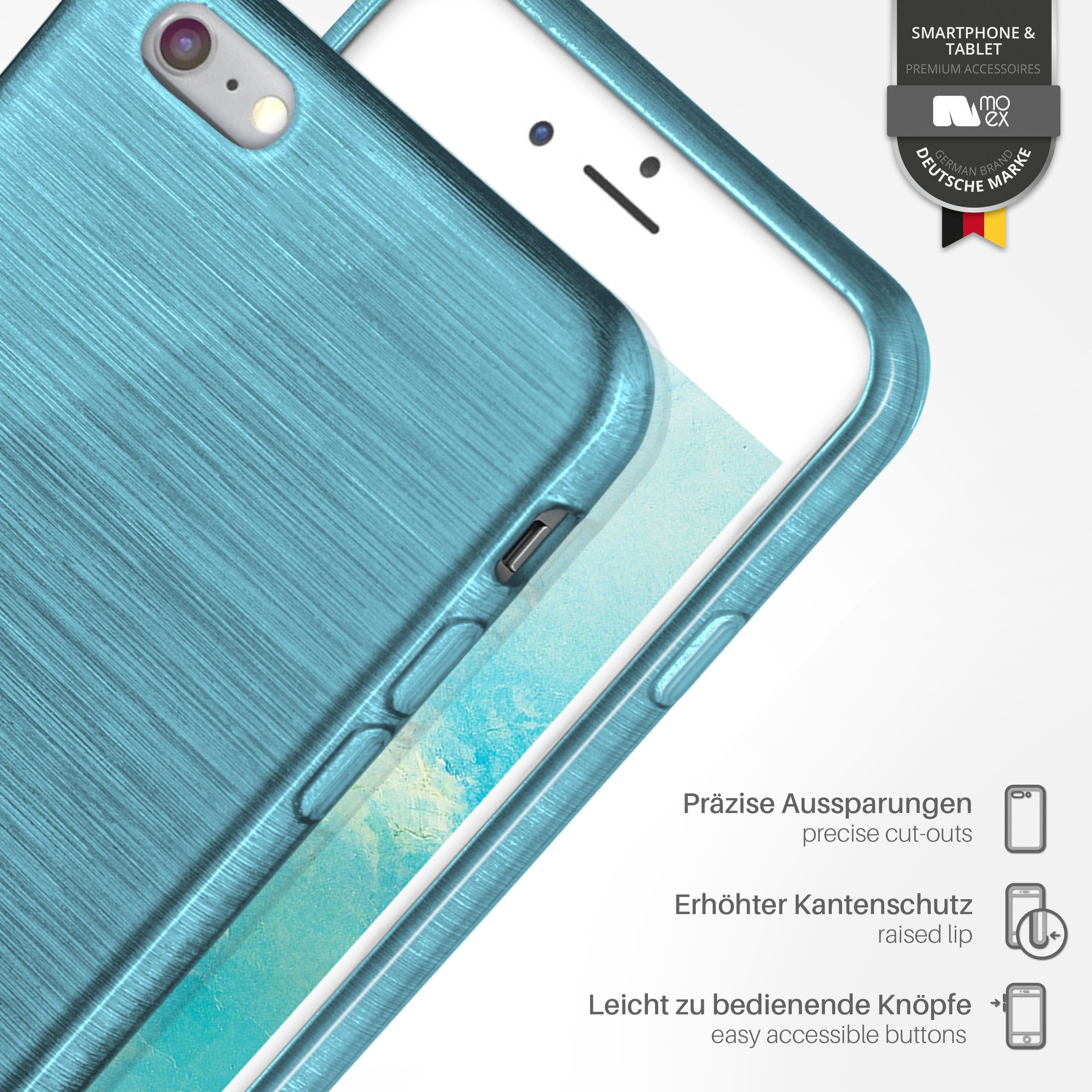 Nahaufnahme einer blauen Handyhülle. Deutsches Markenzeichen und Designelemente sichtbar. Metallic-Textur.