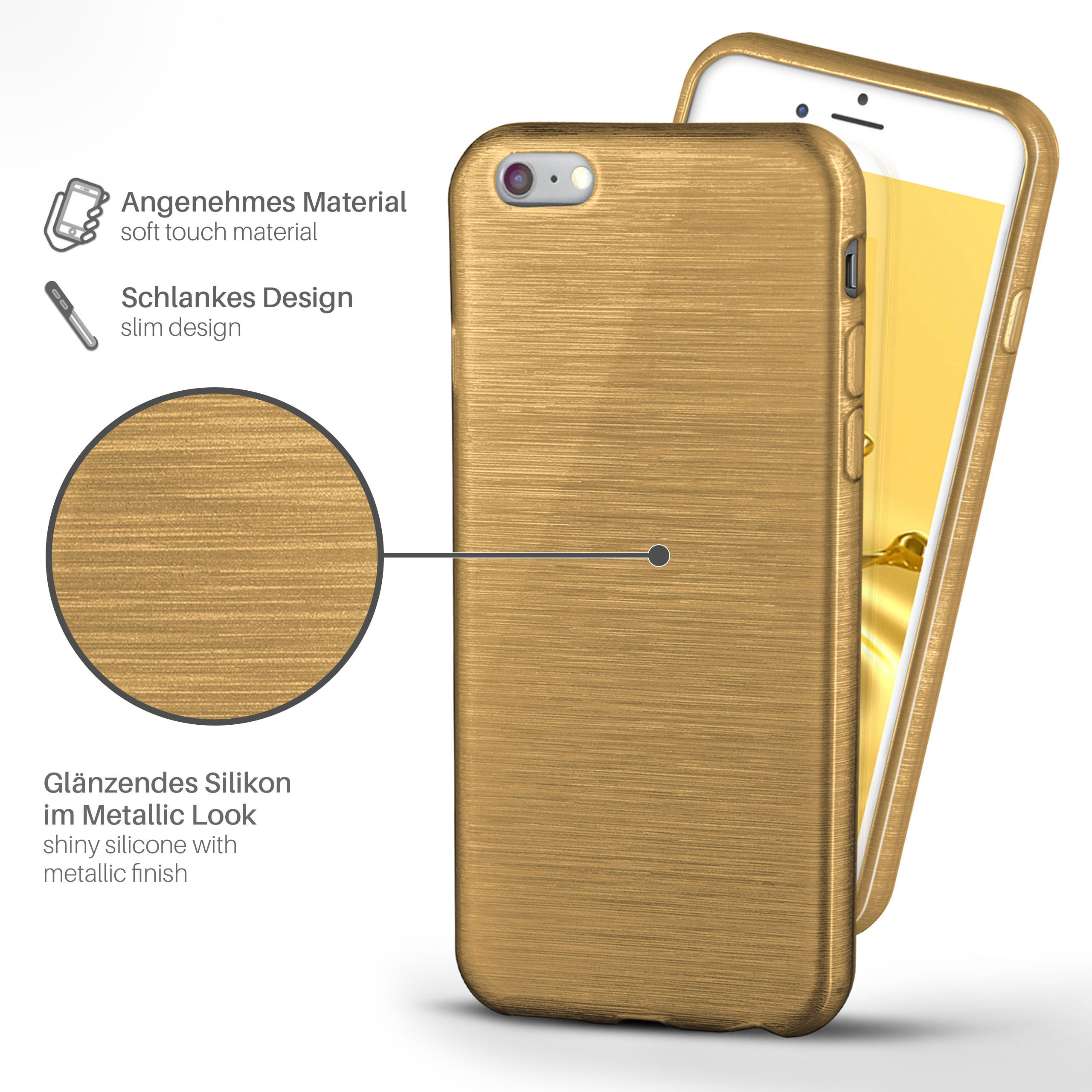 Eine goldene Handyhülle auf einem Telefon. Die Hülle ist glänzend mit Metallic-Finish.