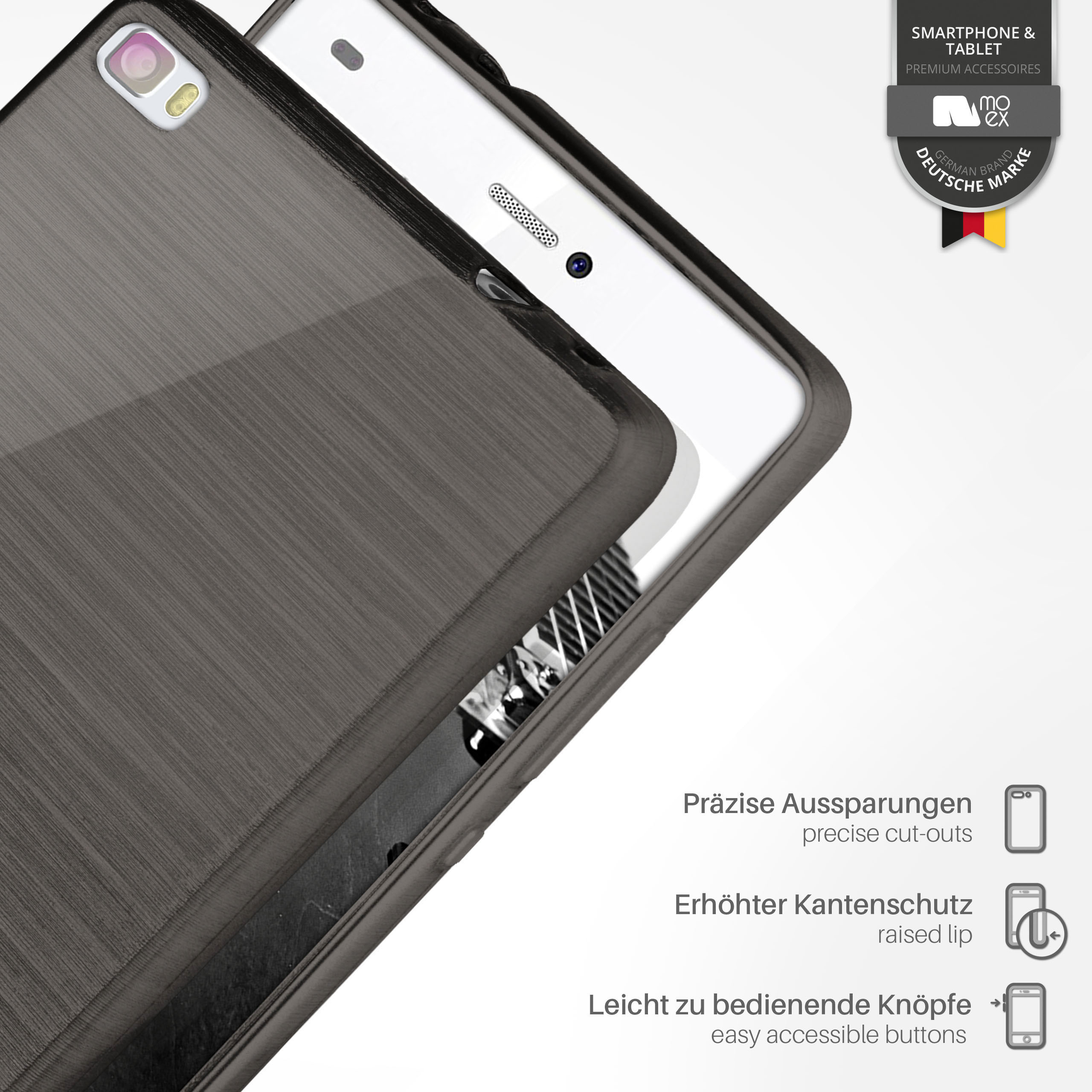 Schwarze Handyhülle mit grauem Metallic-Finish auf weißem Hintergrund. Text und Symbole.