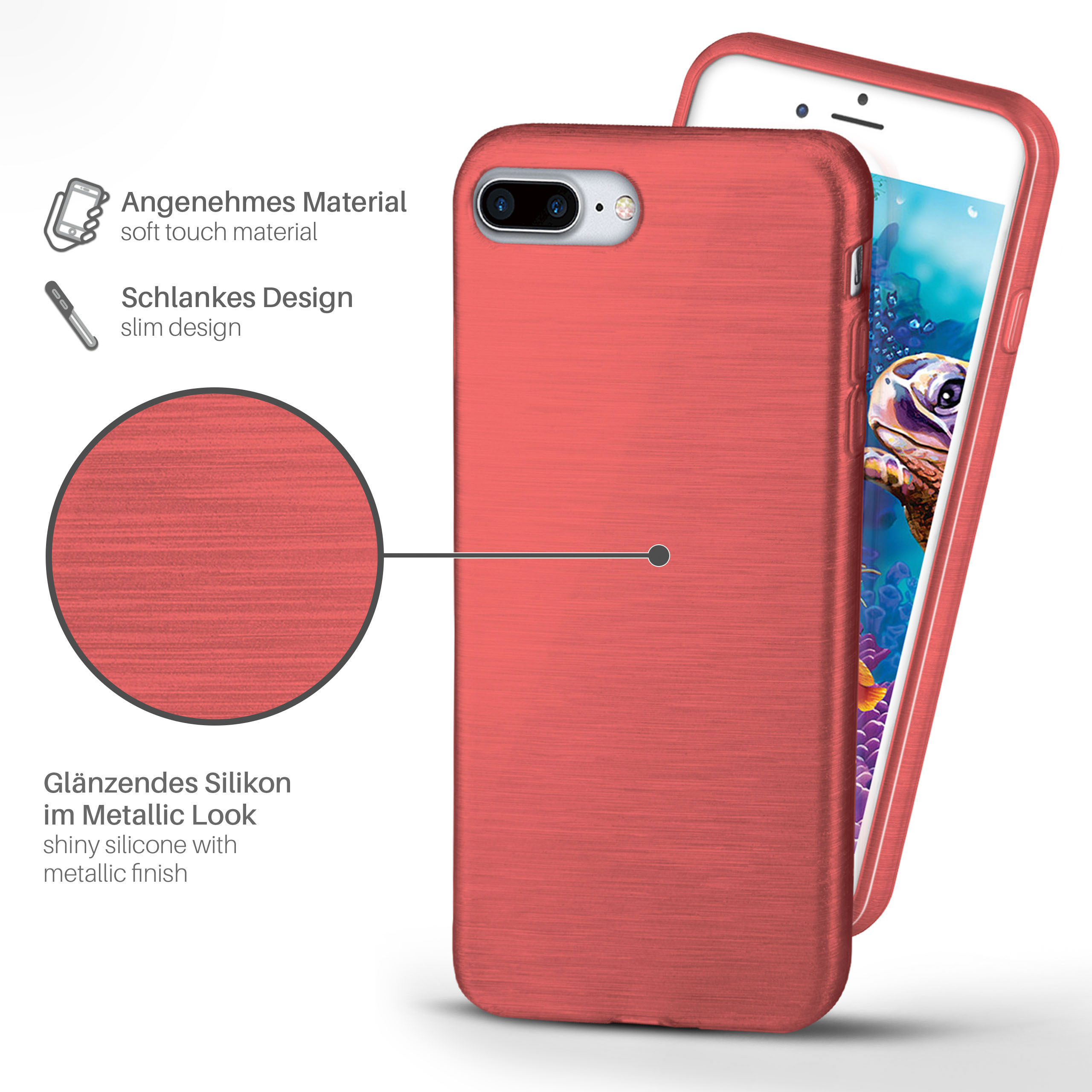 Eine rote Handyhülle auf einem weißen Telefon, zeigt die Rückseite. Metallischer Look.