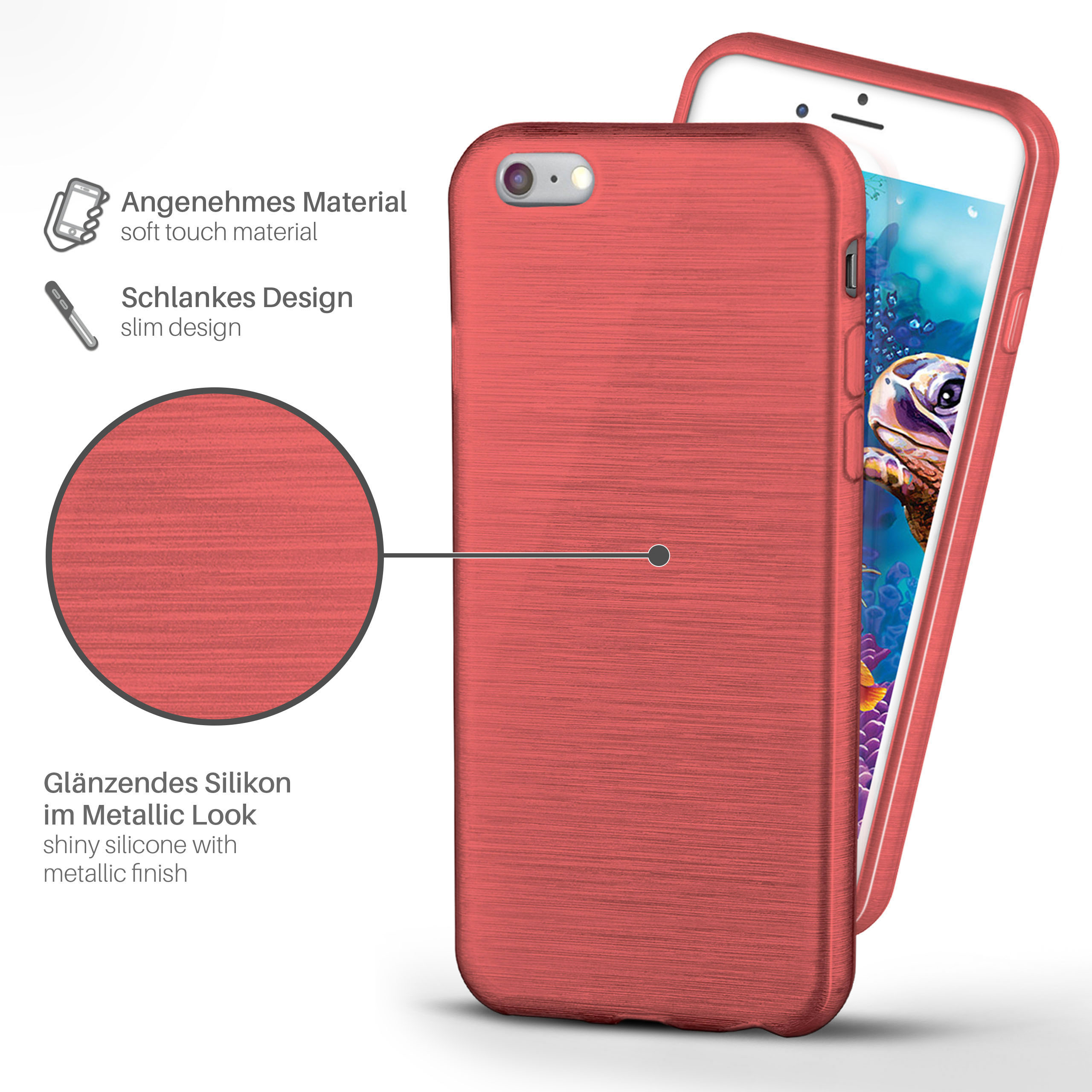 Eine rote Handyhülle auf weißem Hintergrund, mit einem Telefon. Text beschreibt glänzendes Silikon mit Metallic-Finish.