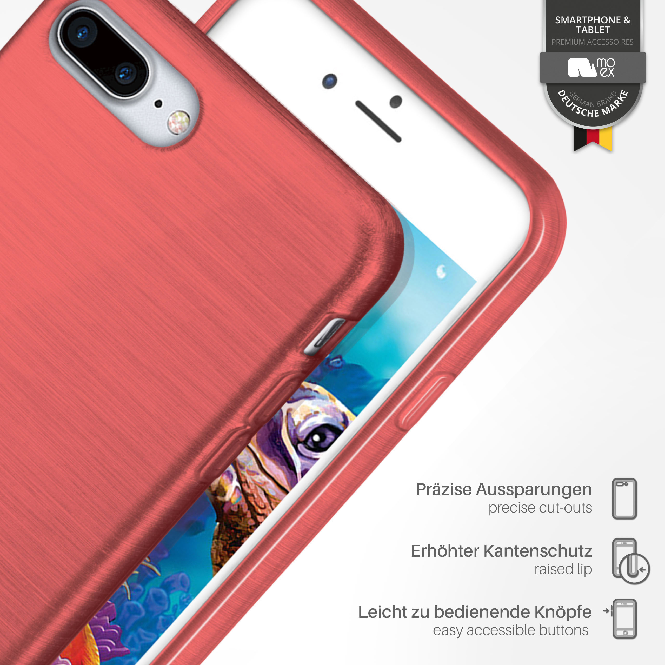 Rote Telefonhülle auf weißem Hintergrund, mit Telefon darin.