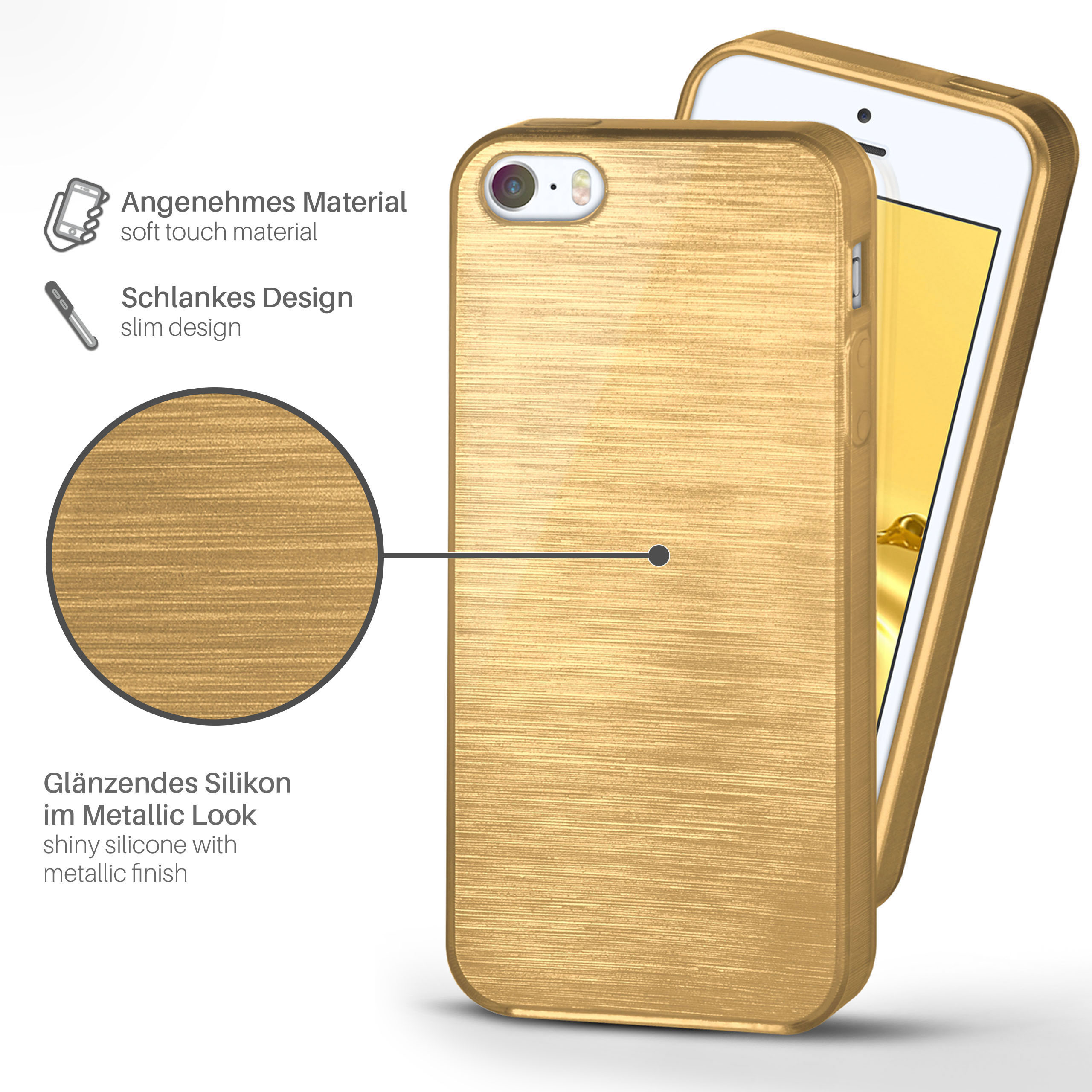 Goldene Handyhülle auf weißem Untergrund, mit Details zu weichem Material und Metallic-Finish.