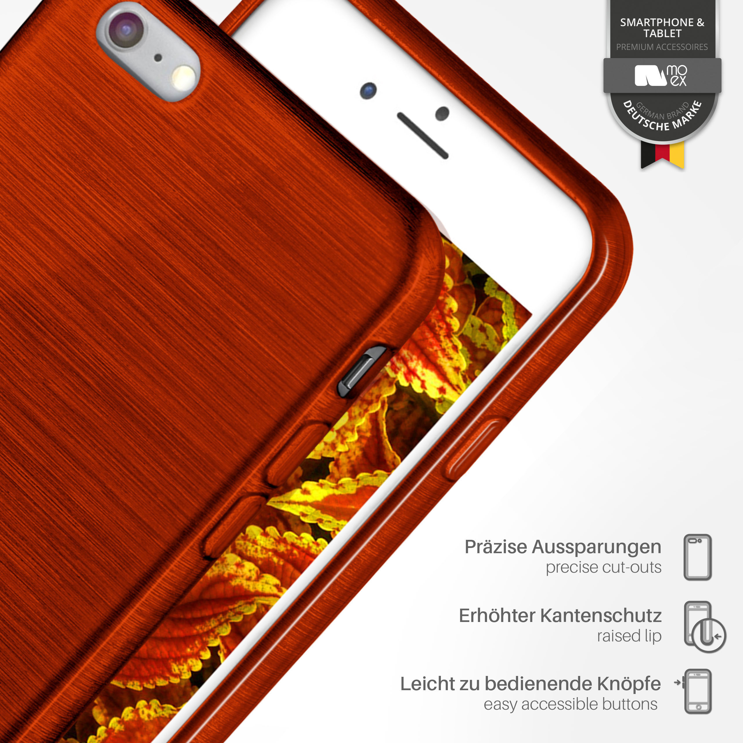 Rote Handyhülle auf weißem Telefon mit Blätterhintergrund. Die Hülle hat Holzmaserung.