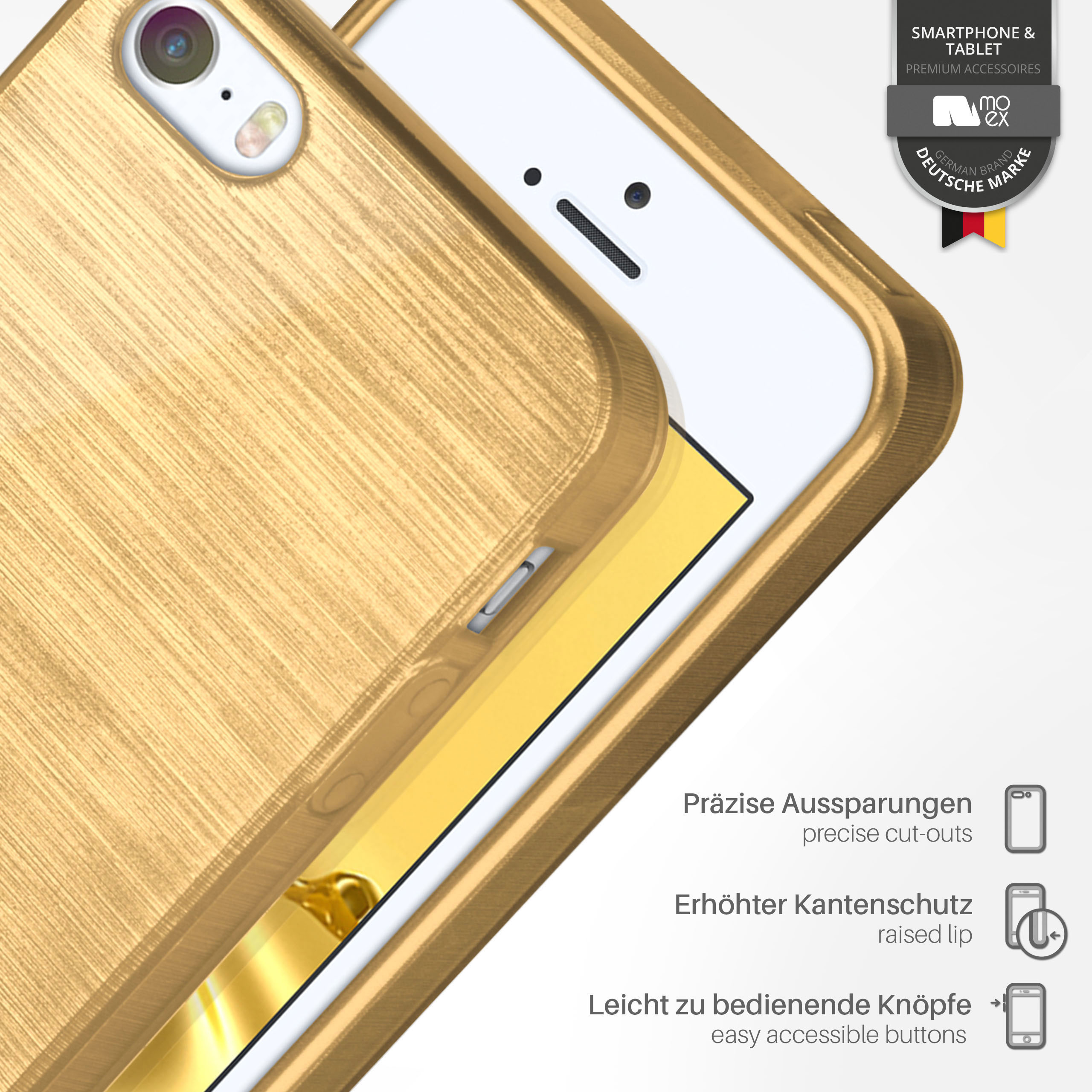 Eine goldfarbene Handyhülle auf weißem Hintergrund. Ein Telefon ist in der Hülle sichtbar.