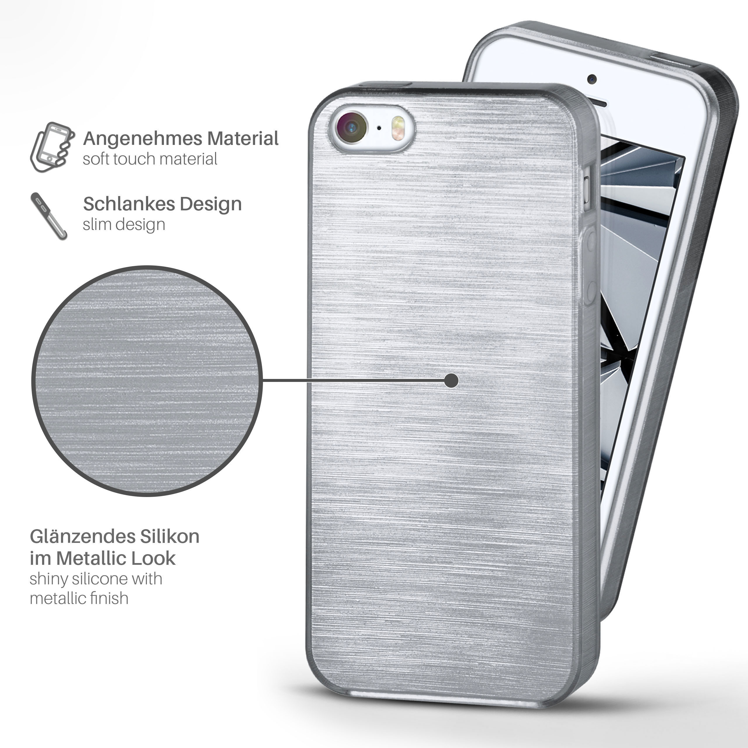 Silberne Handyhülle auf weißem Untergrund, mit Details zu weichem Material und Metallic-Finish.