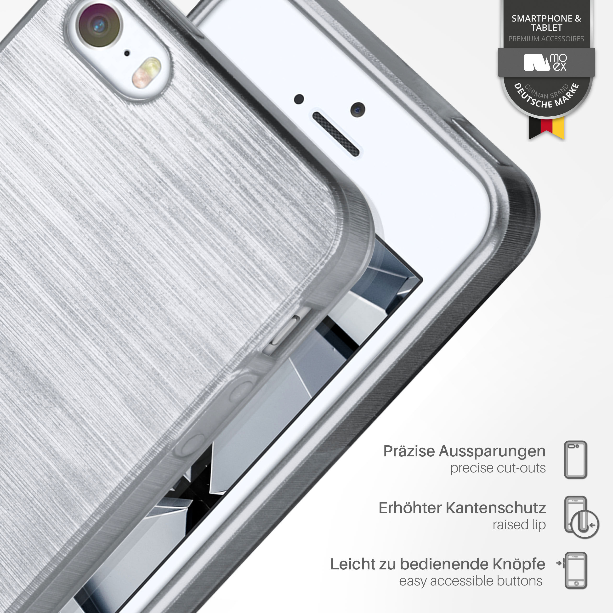Eine silberne Handyhülle und ein Handy sind zu sehen. Die Hülle hat eine metallische Textur mit Aussparungen.