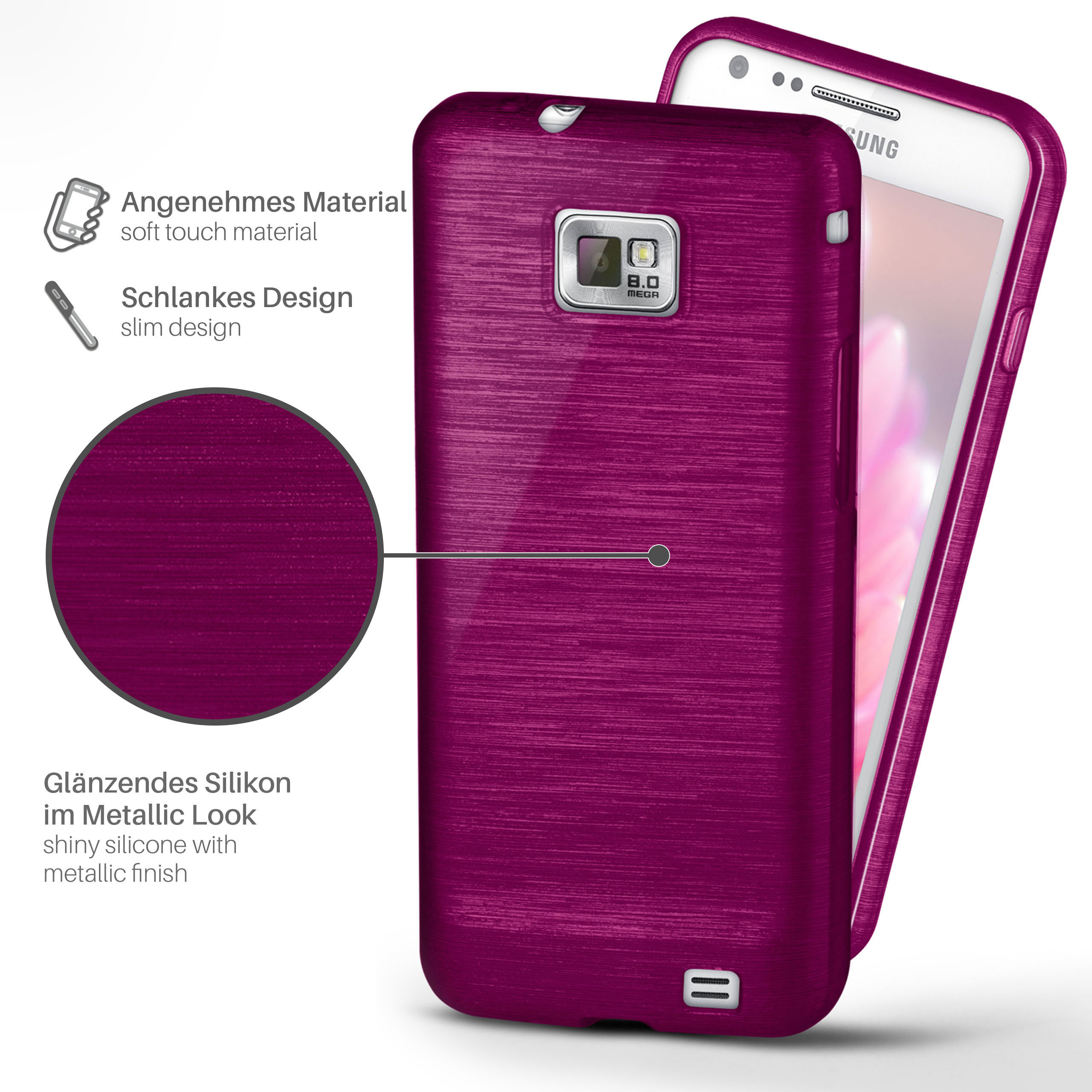 Eine lila Handyhülle mit einem Handy darin. Die Hülle hat ein metallisches Finish.