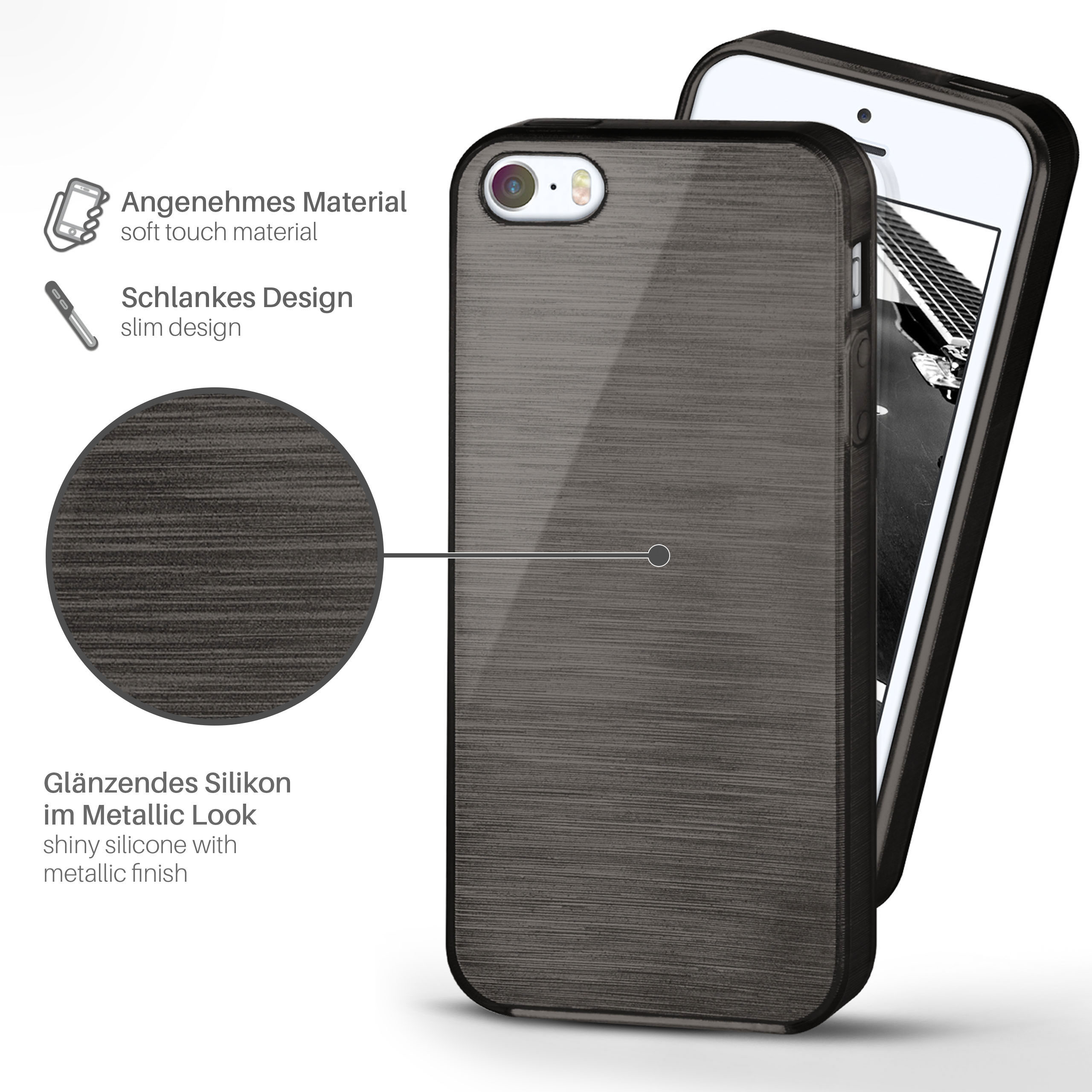 Dunkelgraue Handyhülle mit Telefon. Glänzendes Silikon mit Metallic-Finish.