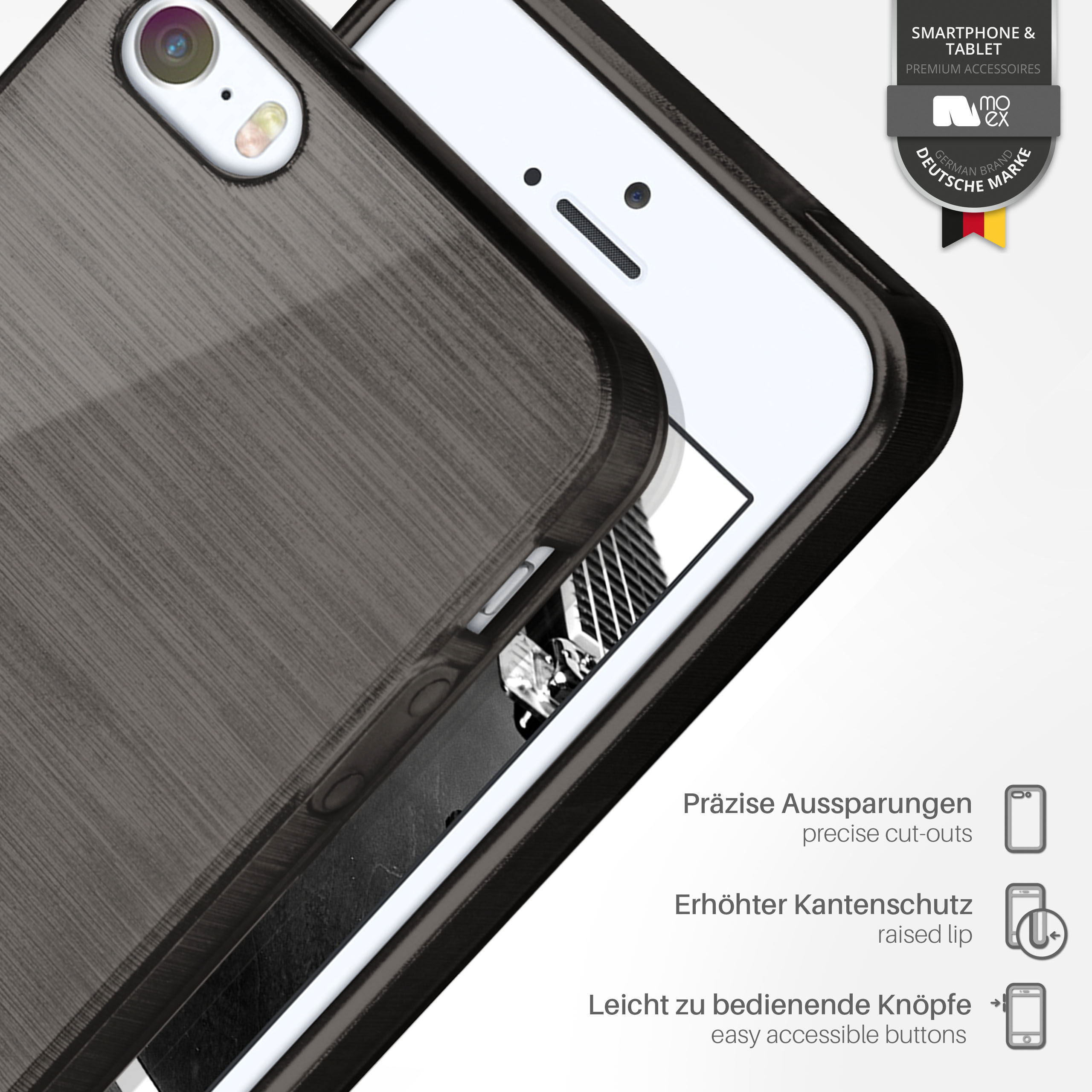Eine dunkelgraue Handyhülle auf einem weißen Telefon, mit Symbolen und Text über erhöhte Lippen und Knöpfe.