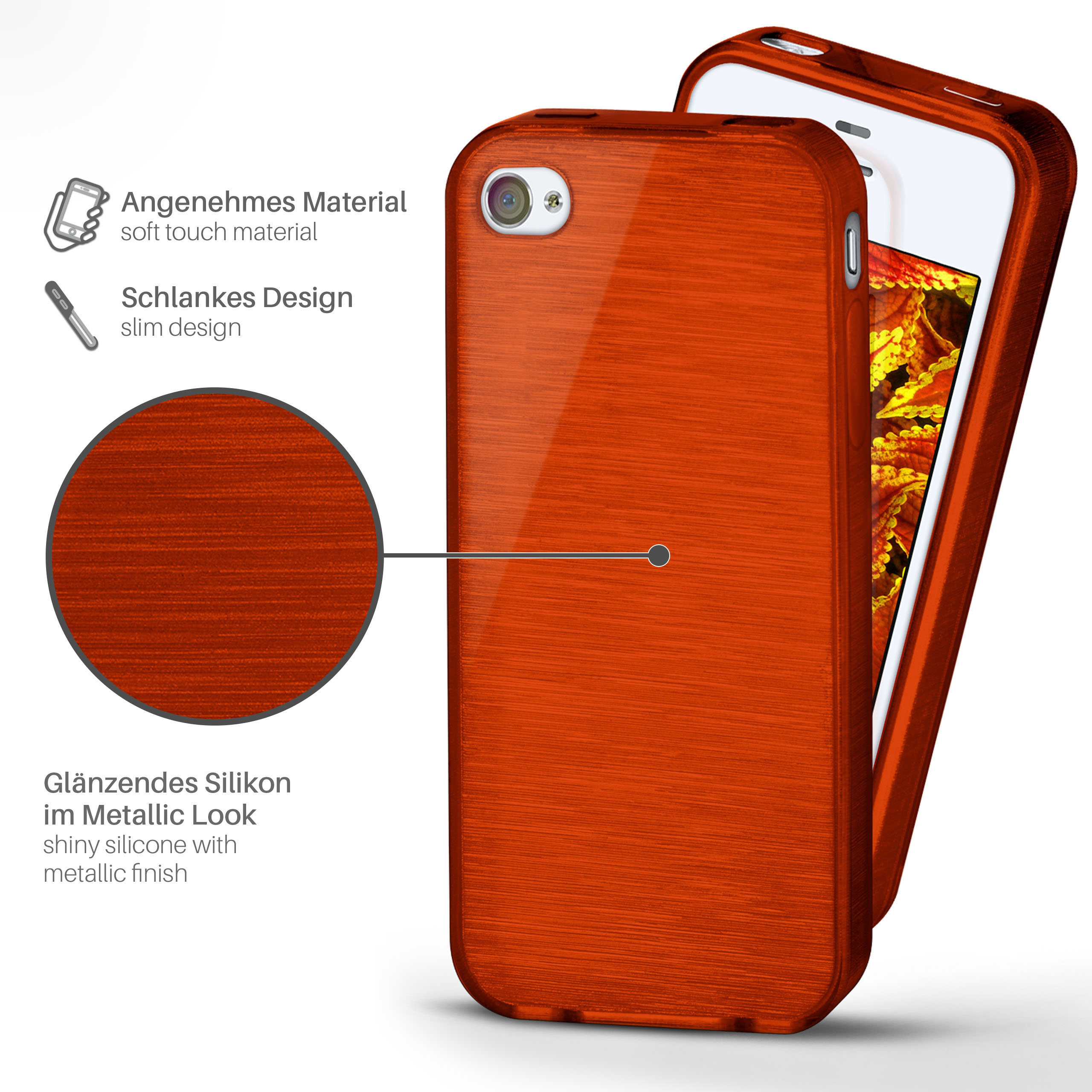 Eine orangefarbene Handyhülle mit Metallic-Finish wird gezeigt, mit einem weißen Telefon darin. Textbezeichnungen sind vorhanden.
