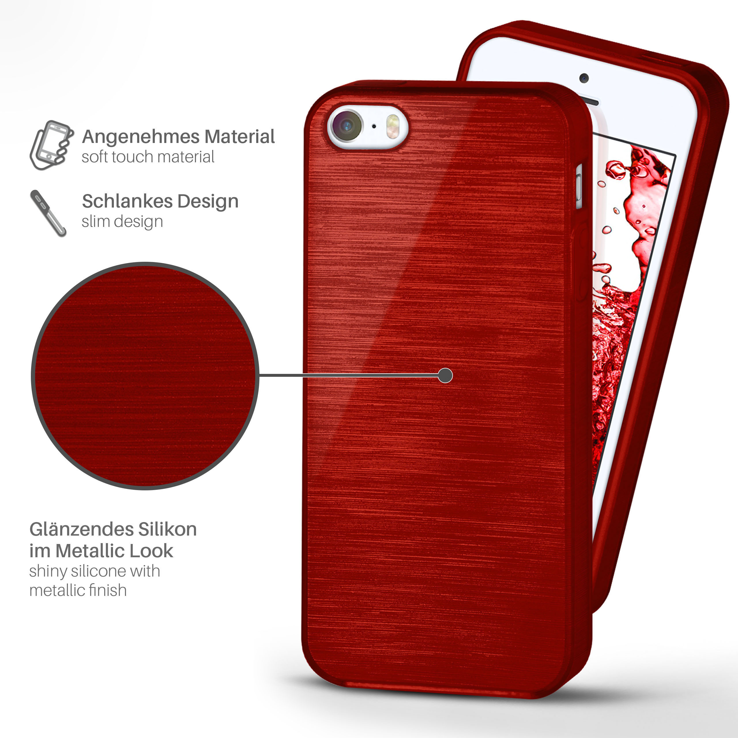 Rote Handyhülle auf weißem Hintergrund. Die Hülle hat ein glänzendes Metallic-Finish. Text ist sichtbar.