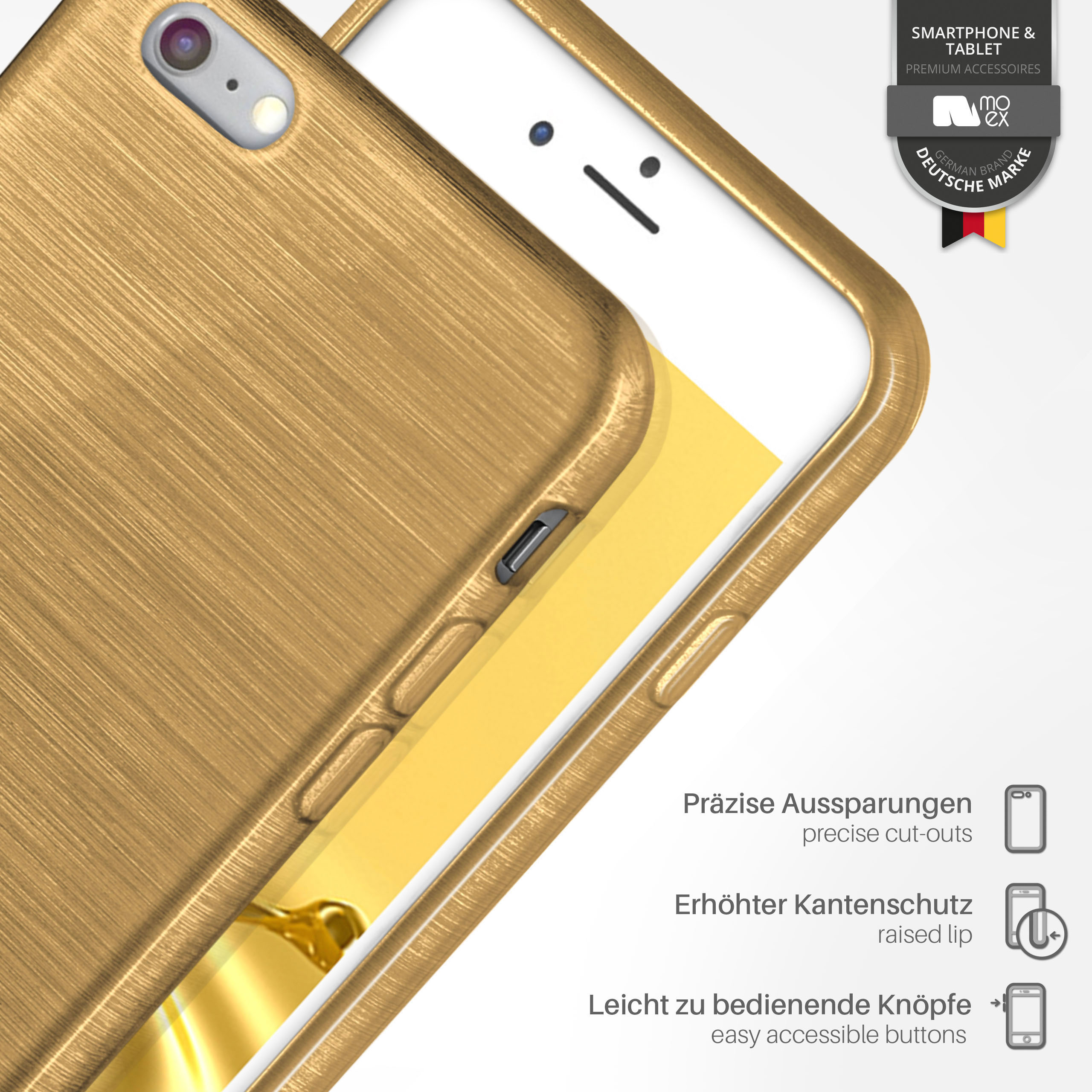 Eine goldene Handyhülle auf einem Telefon. Die Handyhülle hat Aussparungen und erhöhte Kanten. Der Hintergrund ist gelb.