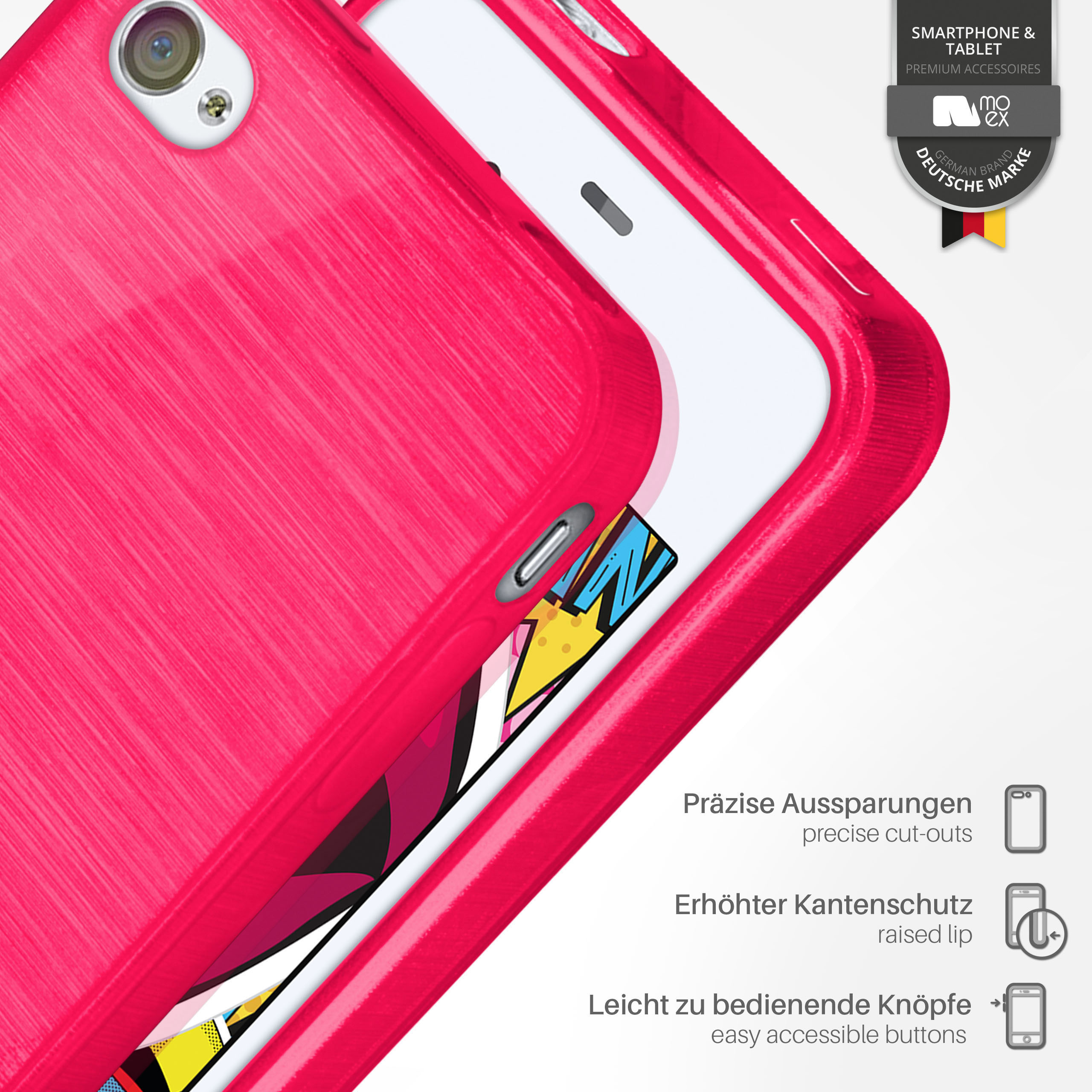 Eine leuchtend pinke Handyhülle auf einem weißen Telefon. Die Hülle hat eine gebürstete Metallstruktur.