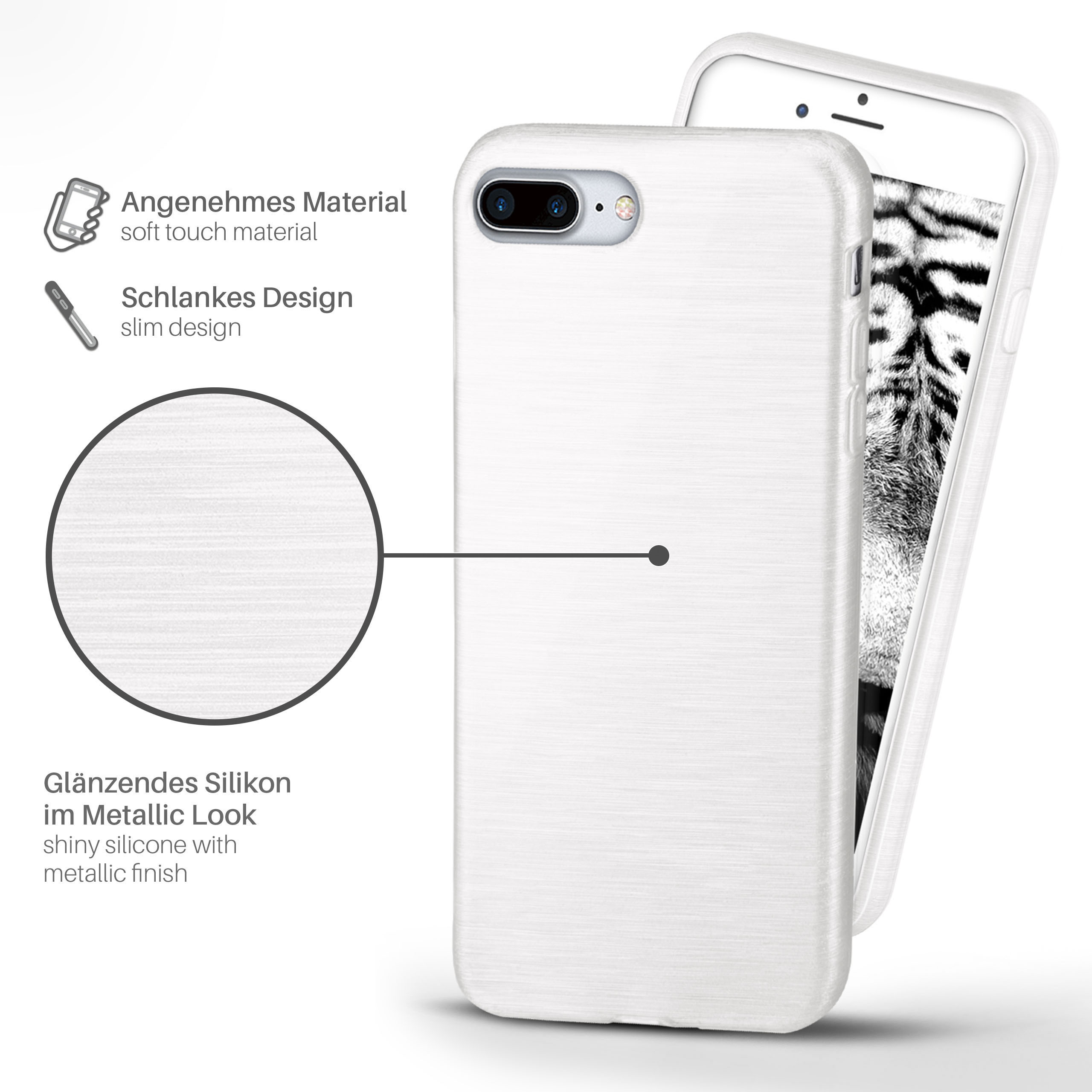 Weißes Handycase mit Metallic-Finish, Telefon innen. Eigenschaften: Soft-Touch, schlankes Design, glänzendes Silikon.