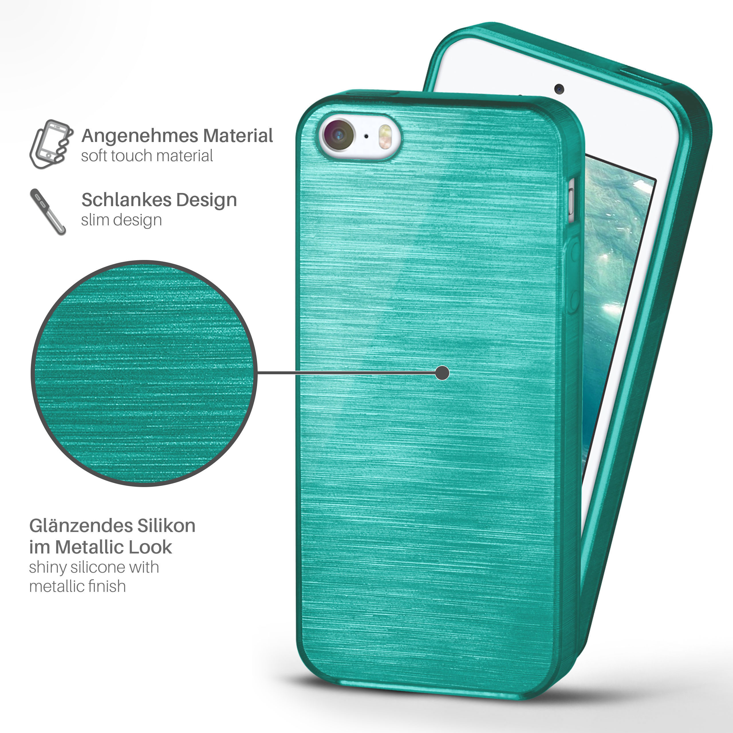Türkisfarbene Handyhülle mit Metallic-Finish und einem Telefon darin.