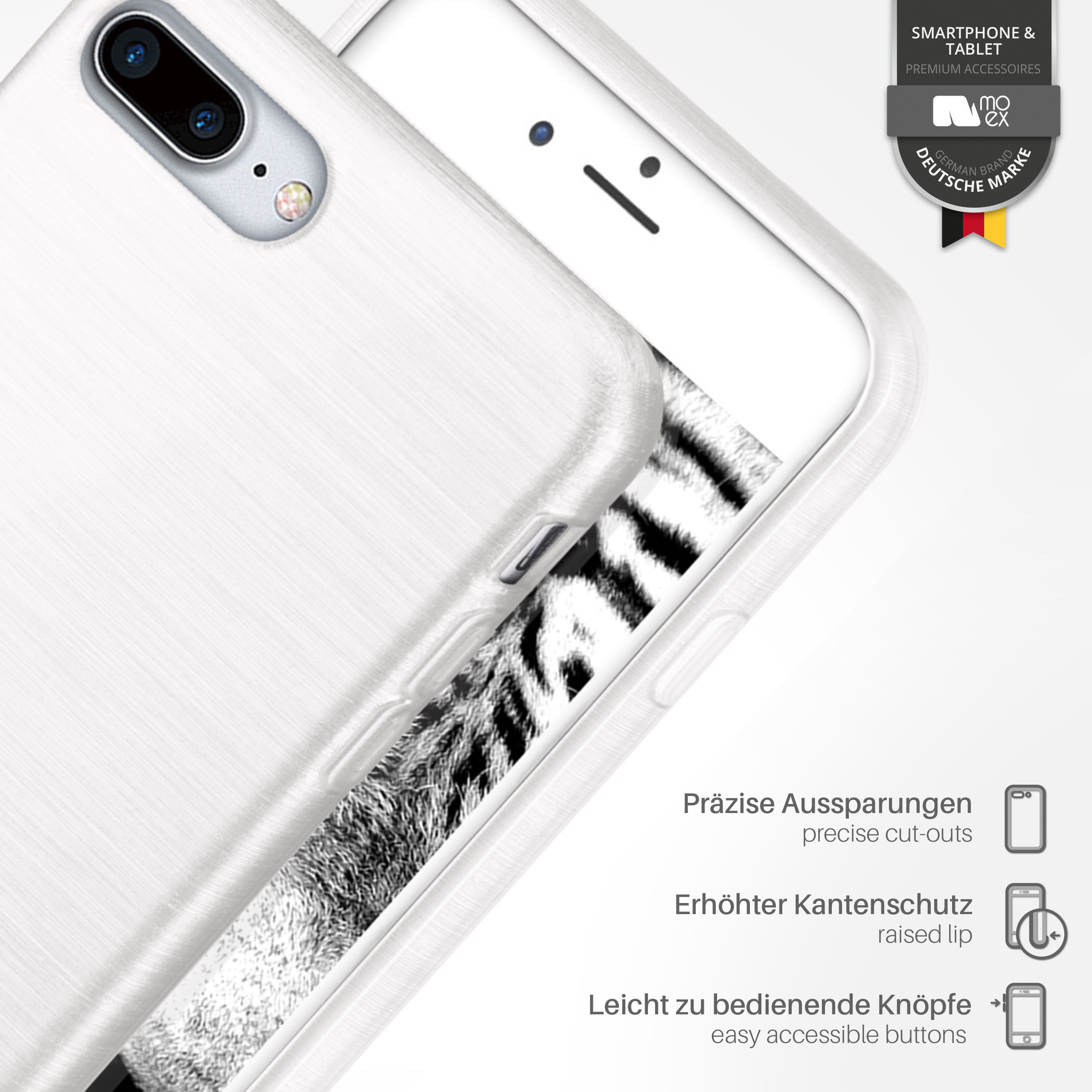 Nahaufnahme einer weißen Handyhülle, die das Handy und die Designmerkmale zeigt.